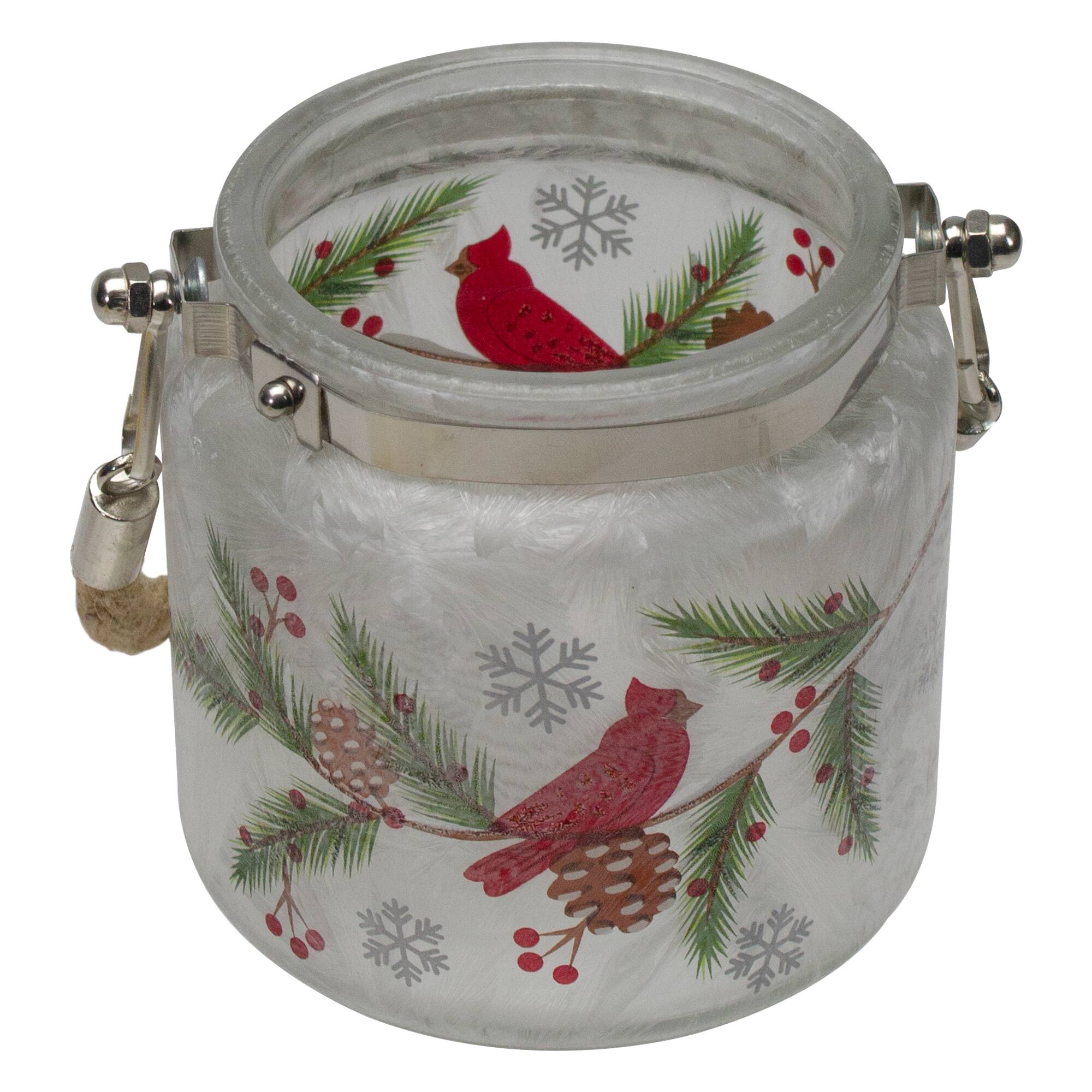 4" Hand Painted Christmas Cardinal & Pine Flameless Glass Christmas Candle Holder