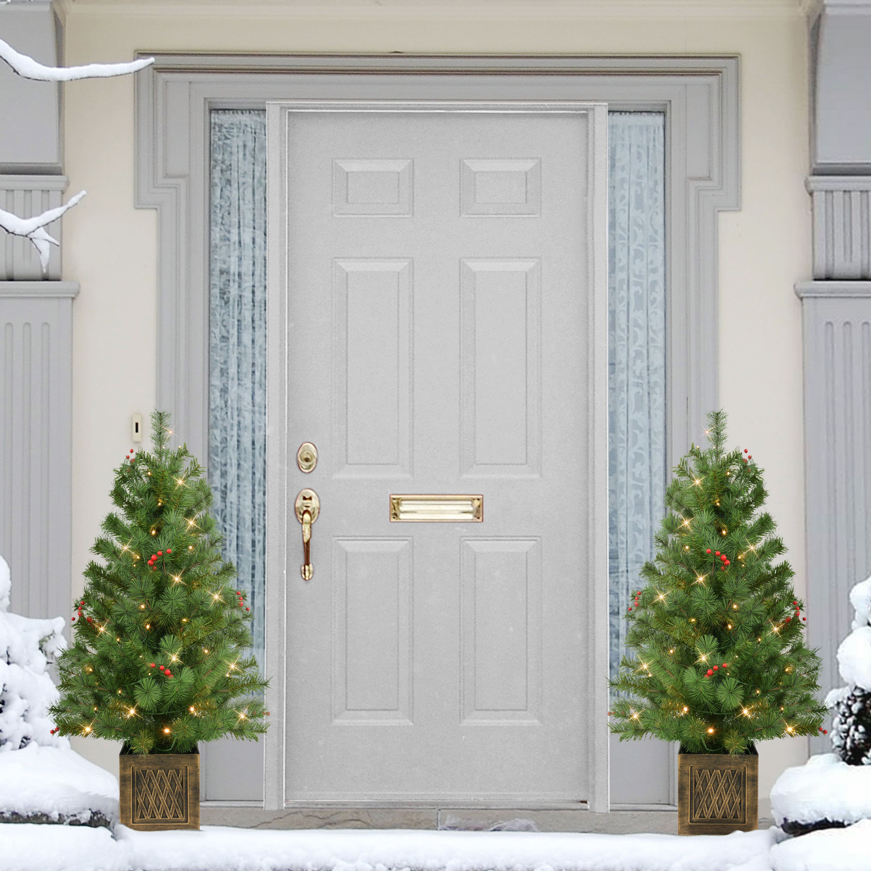 3.5ft. Pre-Lit Battery-Operated Potted Adorned Artificial Christmas Trees, Warm White LED Lights, 2ct.