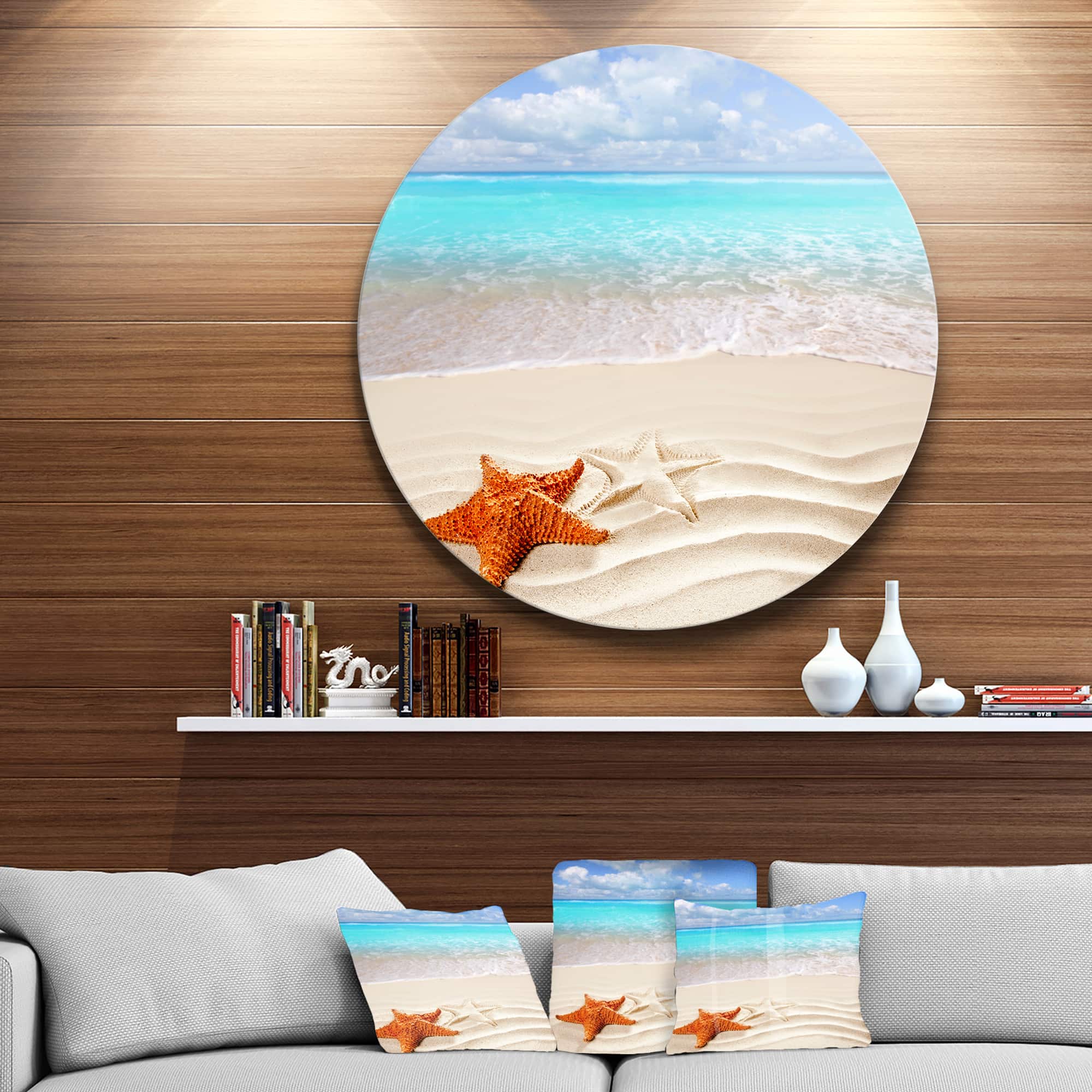 Designart - Brown Starfish on Caribbean Beach' Disc Seascape Metal Circle Wall Art