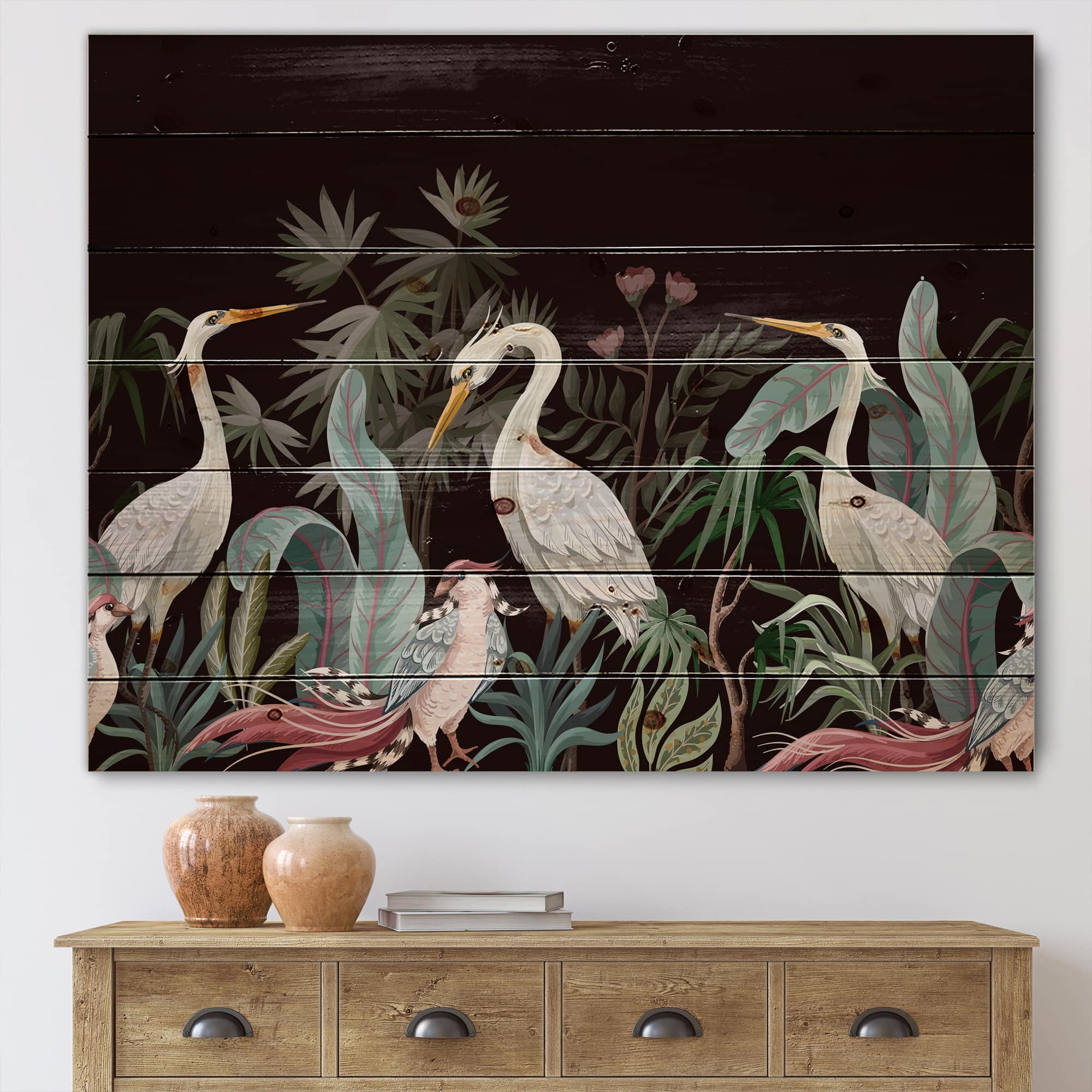 Designart - Chinoiserie With Birds and Peonies III - Traditional Print on Natural Pine Wood