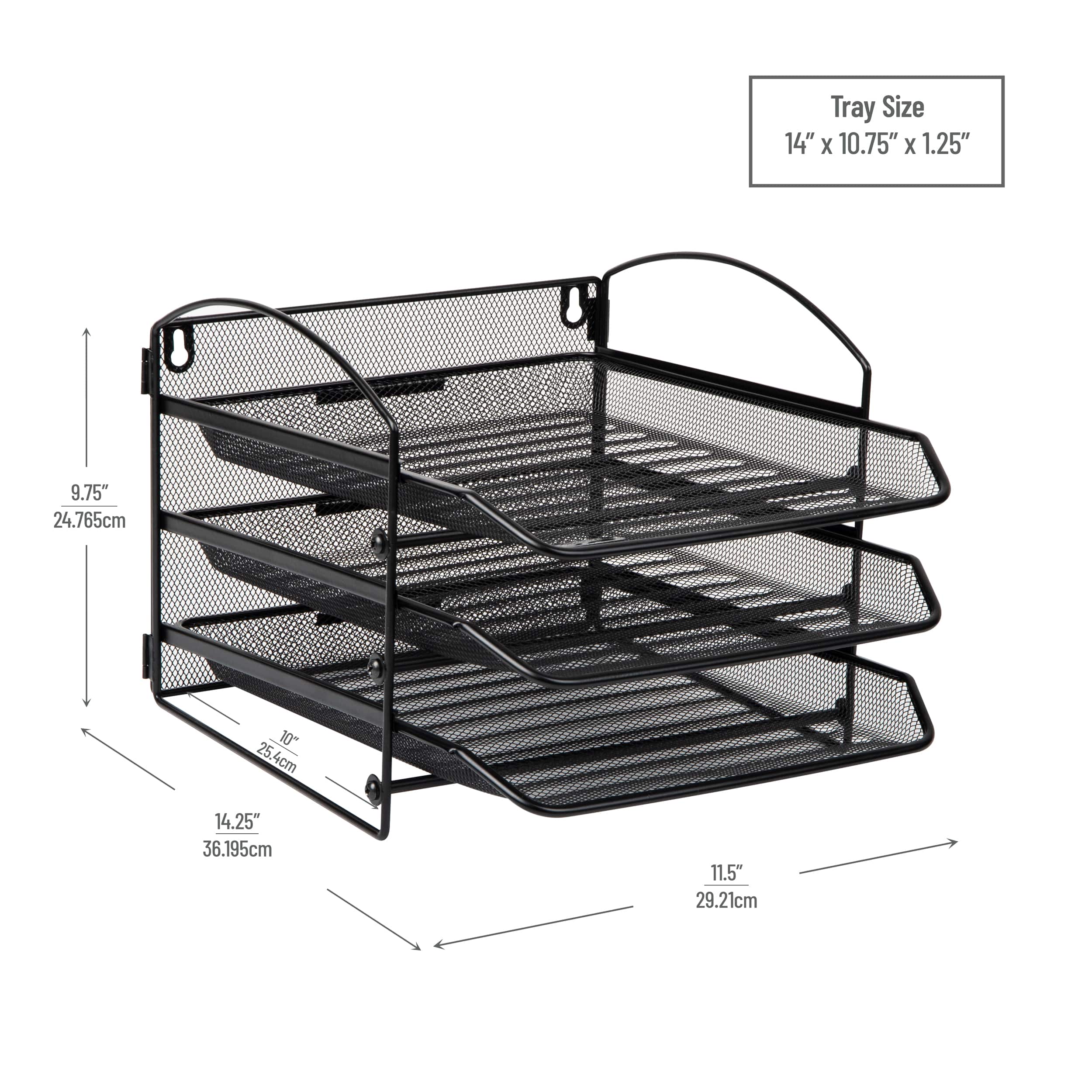 Mind Reader 3-Tier Paper Tray, Desktop Organizer, Wall Mountable, Office, Metal Mesh, 11.5"L x 14.25"W x 9.75"H, Black