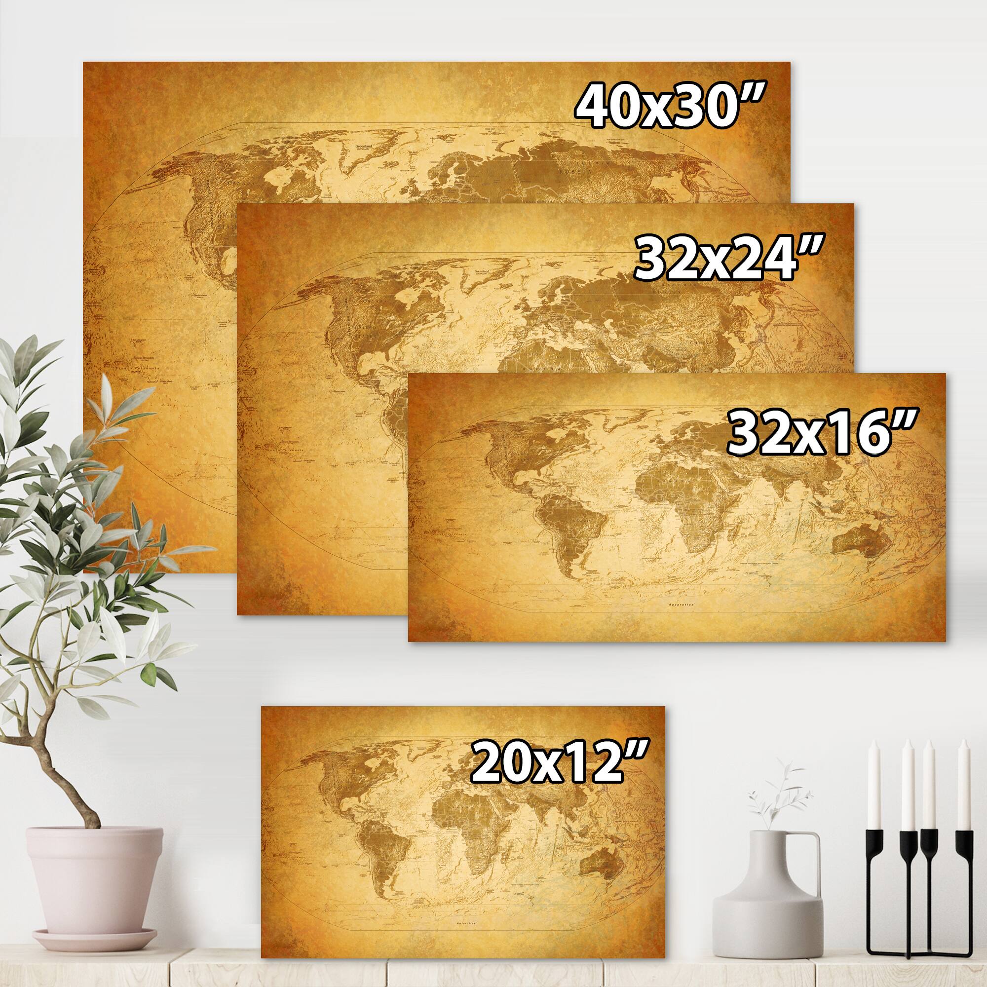 Designart - Ancient Map of The World X - Vintage Canvas Wall Art Print