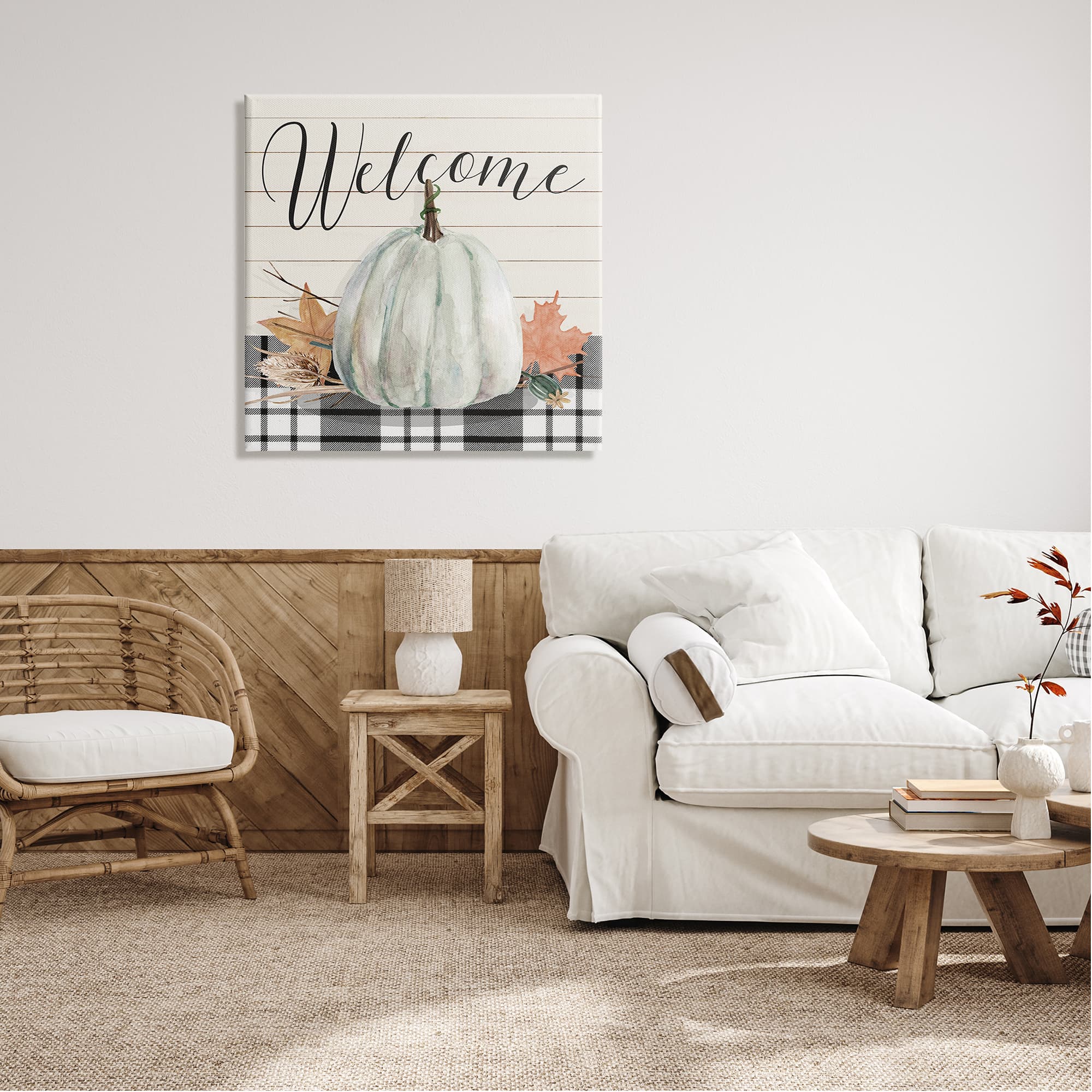 Stupell Industries Welcome Plaid Pumpkin Sign Canvas Wall Art