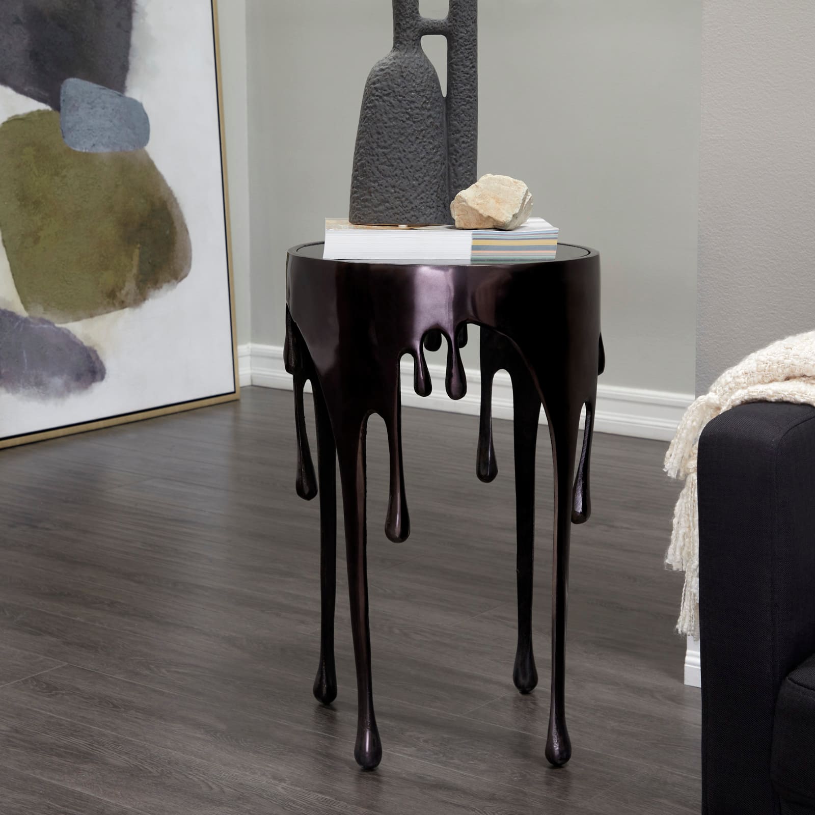Black Aluminum Drip Accent Table with Melting Designed Legs and Shaded Glass Top 16" x 16" x 25"