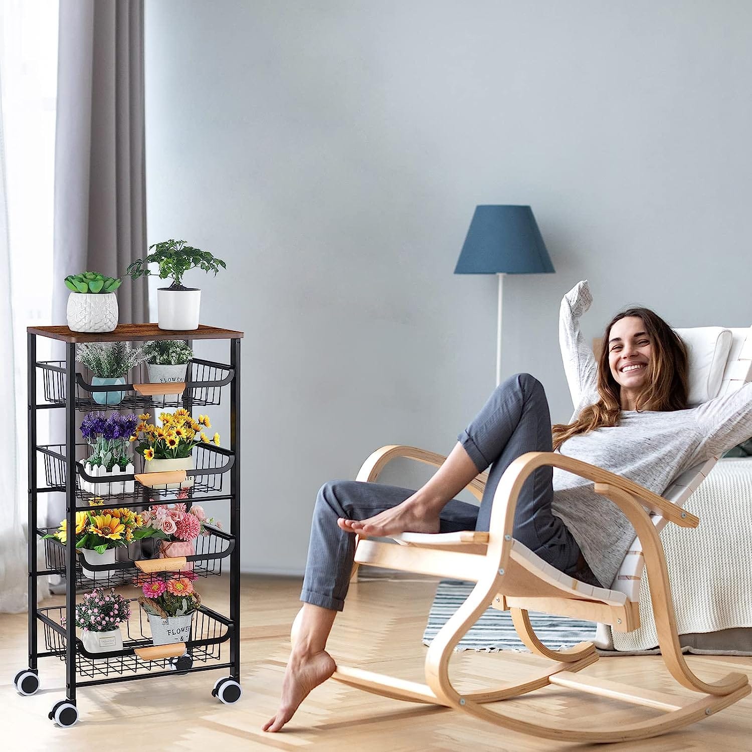 Black 5-Tier Metal Wire Basket Shelf Kitchen Storage Rolling Cart