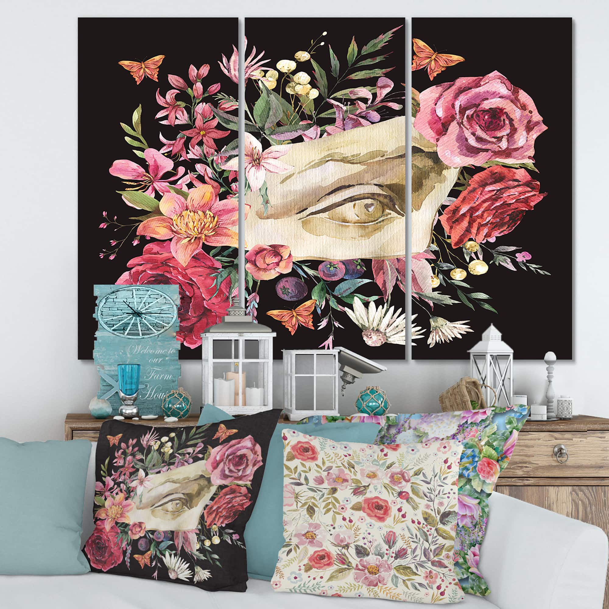 Designart - Greek Sculpture David Eye With Dried Wildflowers - Farmhouse Canvas Wall Art Print