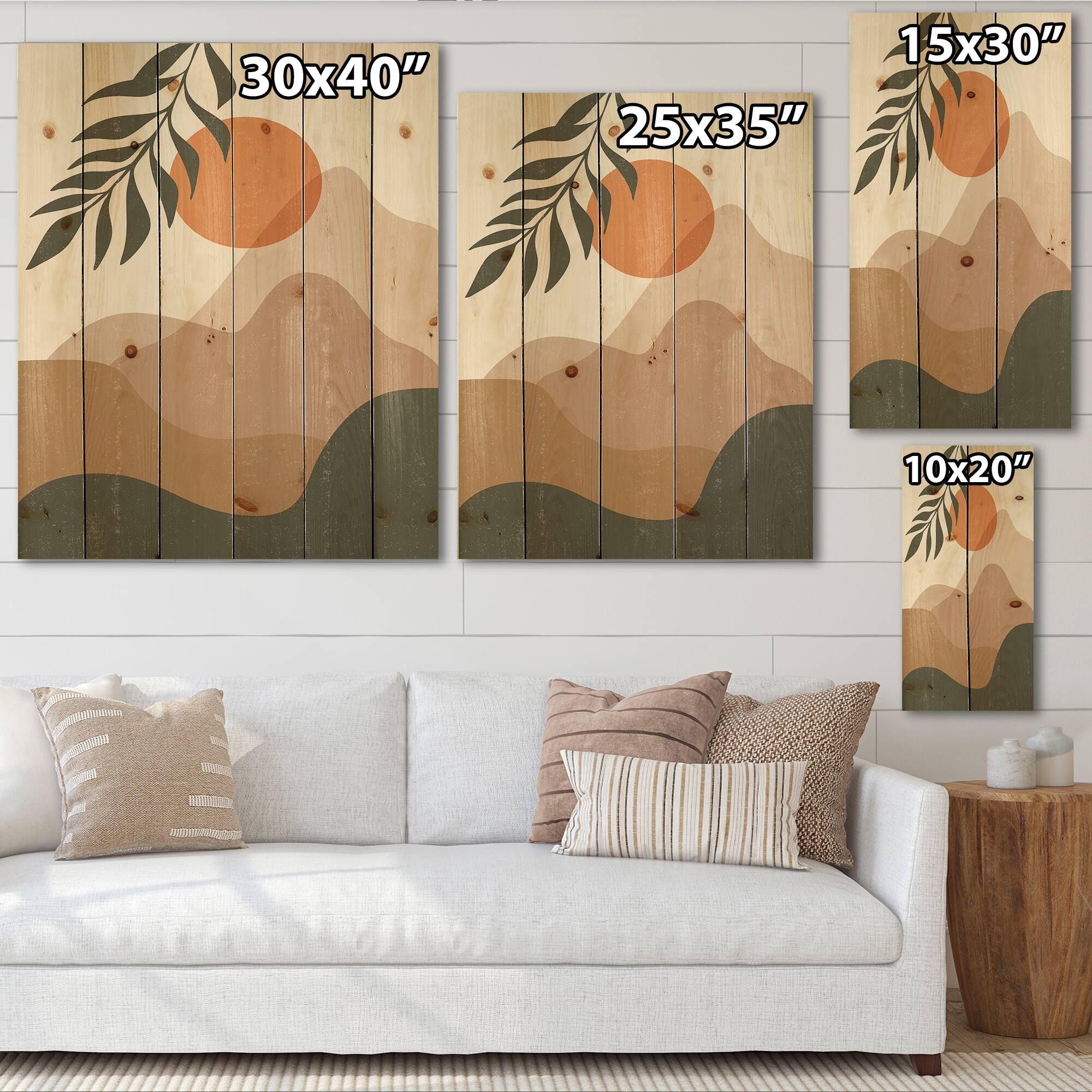 Designart - Abstract Red Moon In Earth Toned Mountains I - Modern Print on Natural Pine Wood