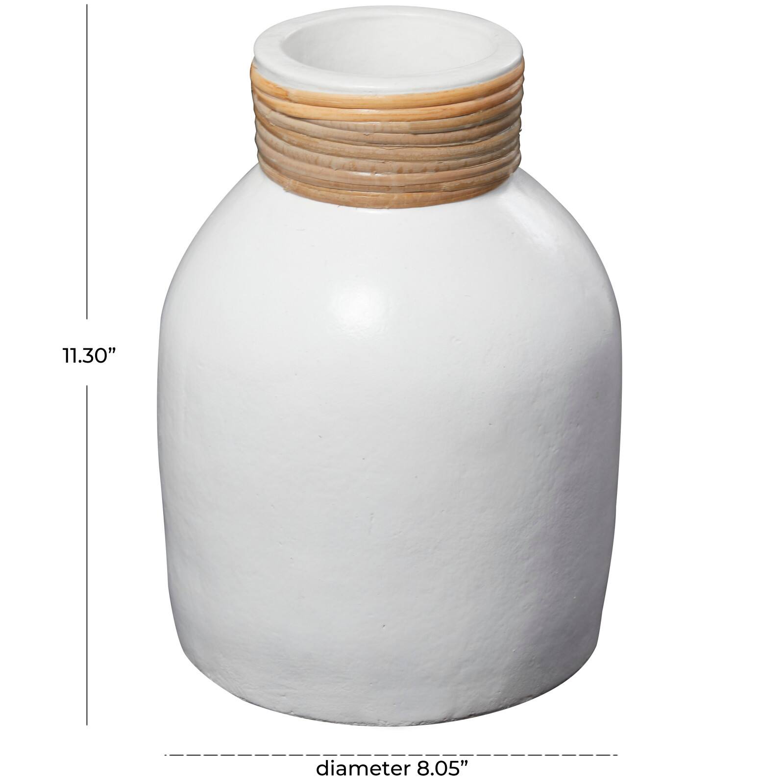 11" White Ceramic Vase with Wrapped Rattan Detailing