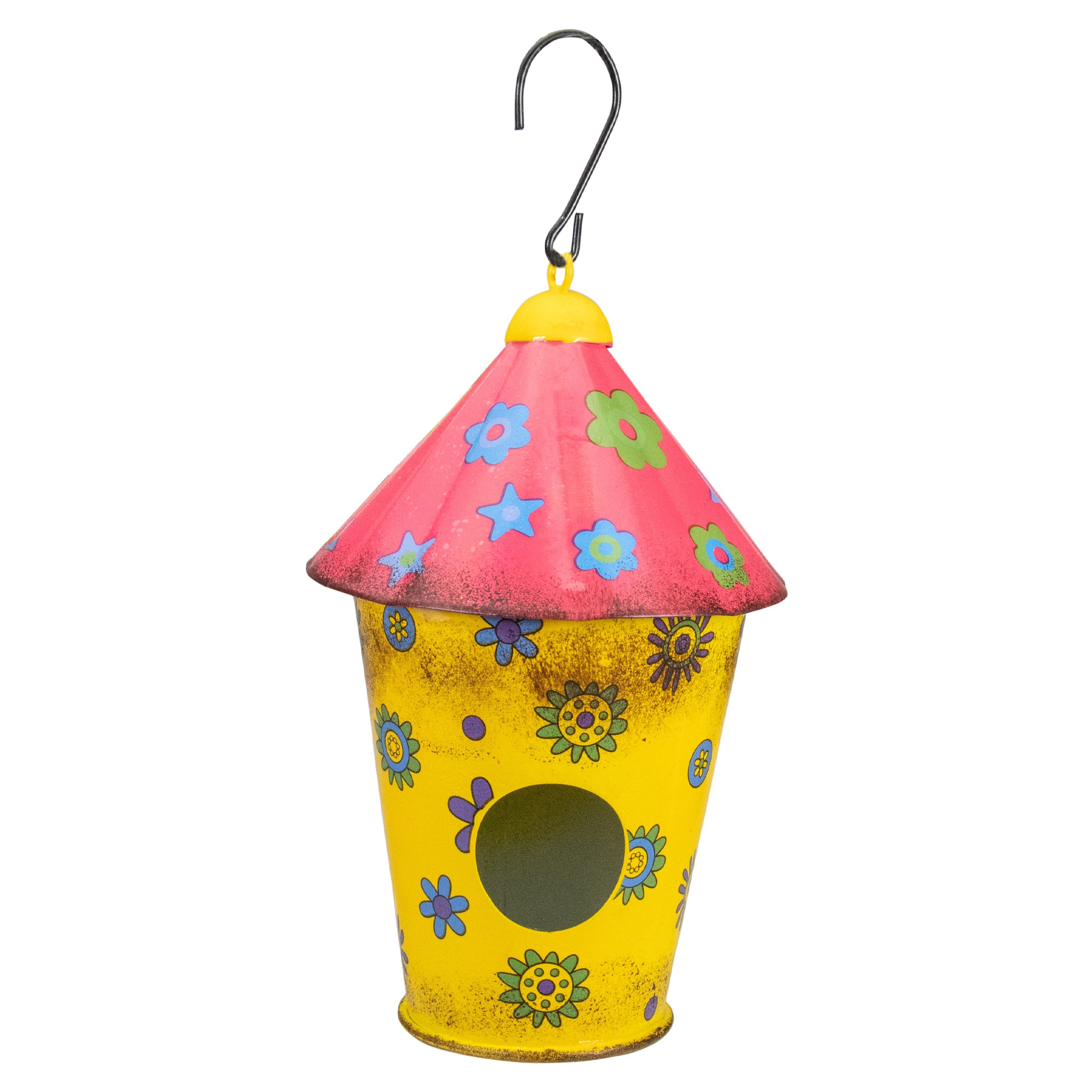 7.75" Red & Yellow Metal Birdhouse With Flowers