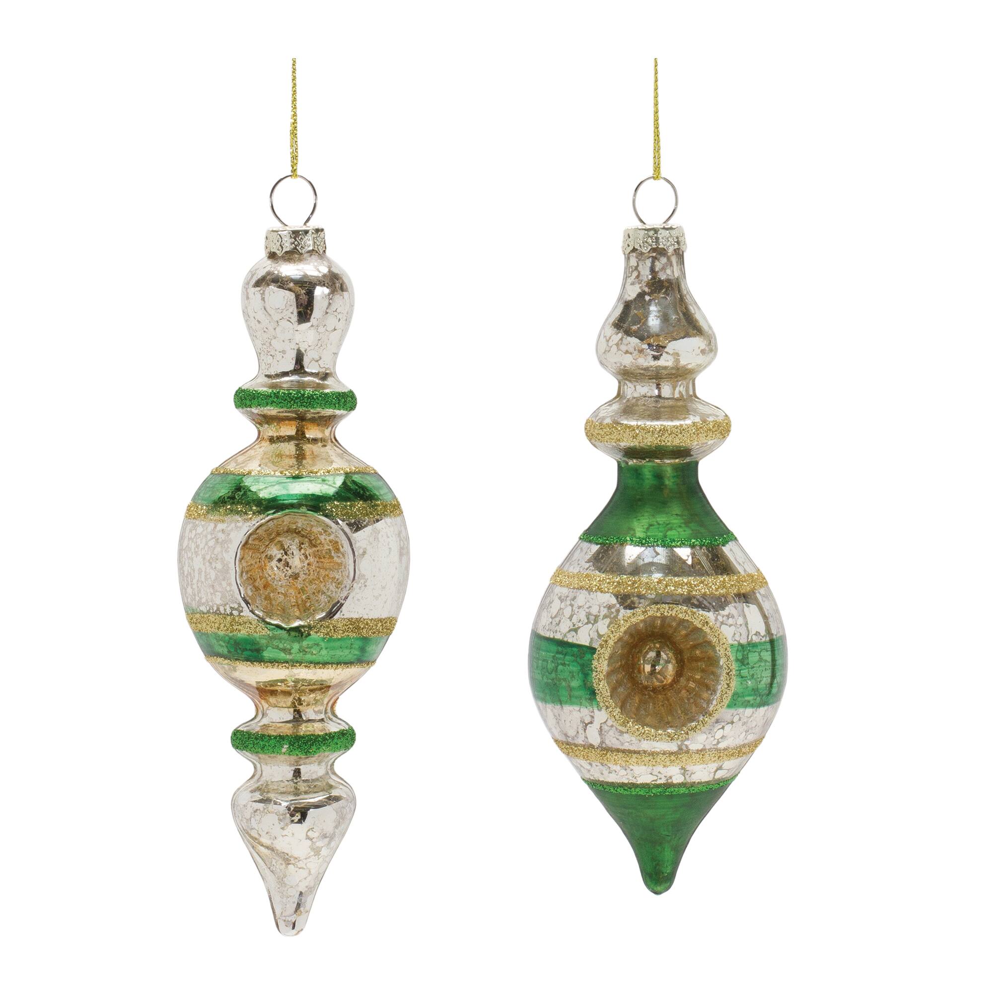Green Glass Reflector Finial Drop Ornament Set