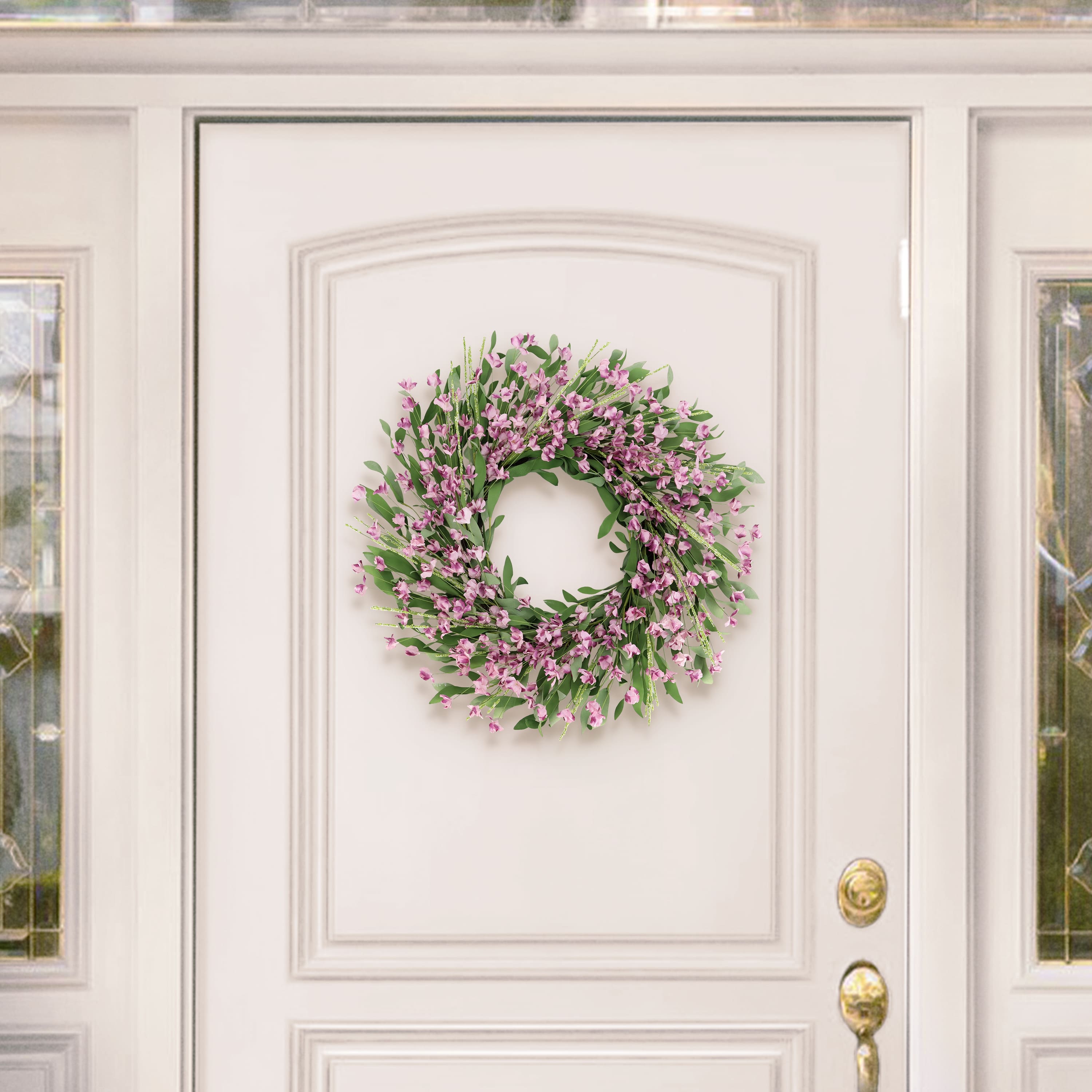 24" Artificial Pea Blossom Floral Pink Spring Wreath
