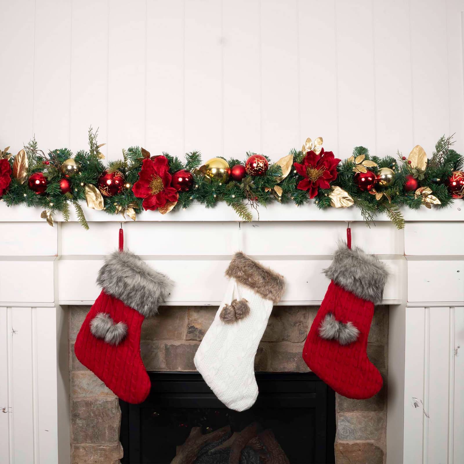 9 ft. Pre-Lit LED Golden Leaf Red Magnolia Artificial Christmas Garland