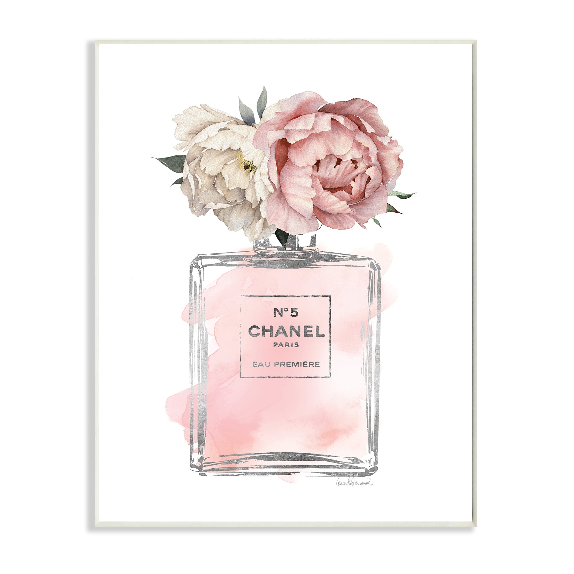 Stupell Industries Vintage Soft Flowers in Pink Fashion Fragrance Bottle Wood Wall Plaque