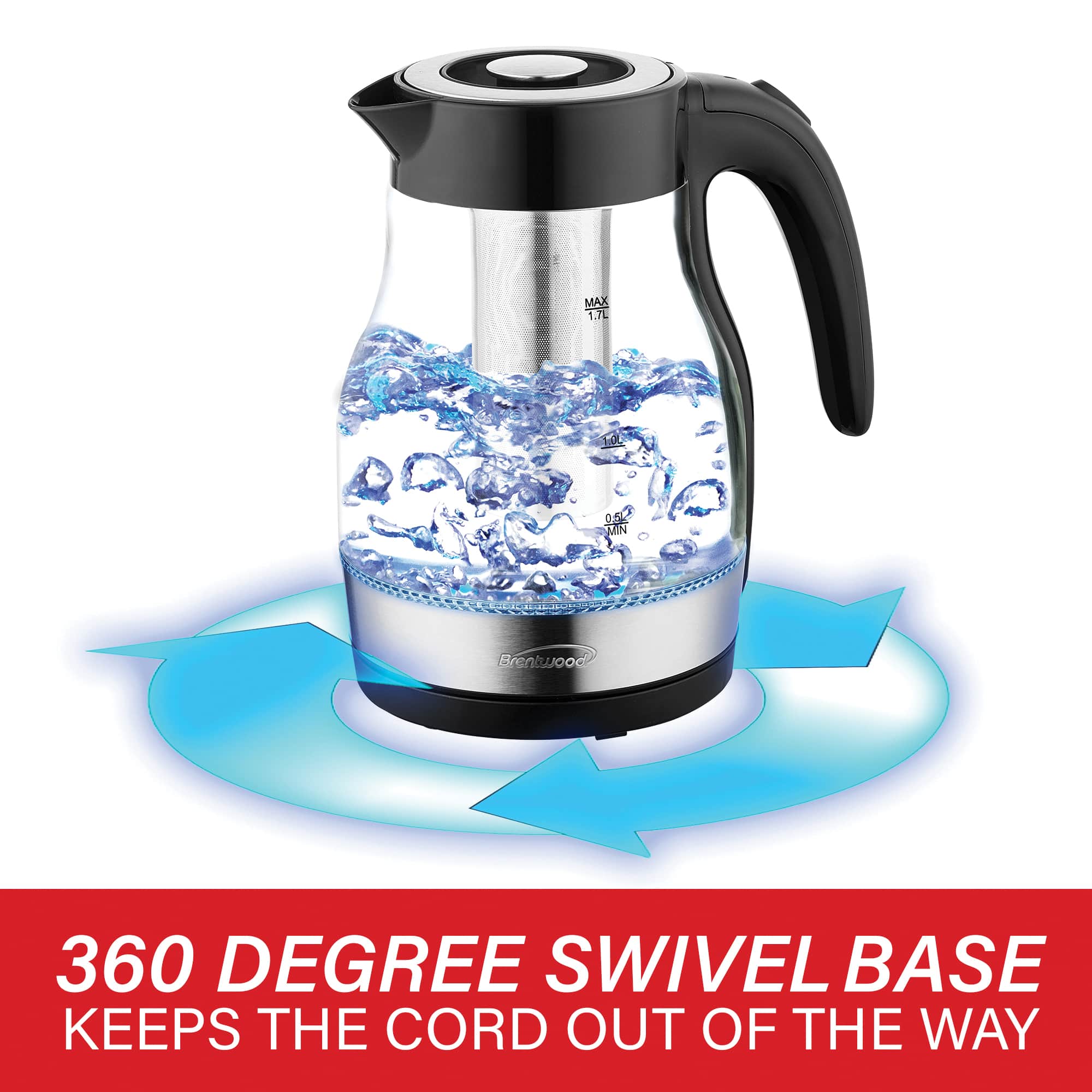 Brentwood 1.79qt. Cordless Glass Electric Kettle with Tea Infuser and Swivel Base