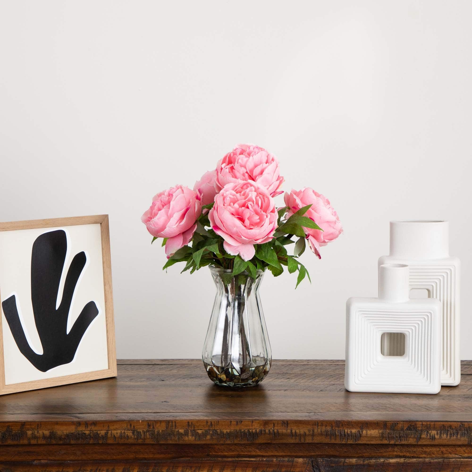16" Light Pink Peony Arrangement in Glass Vase