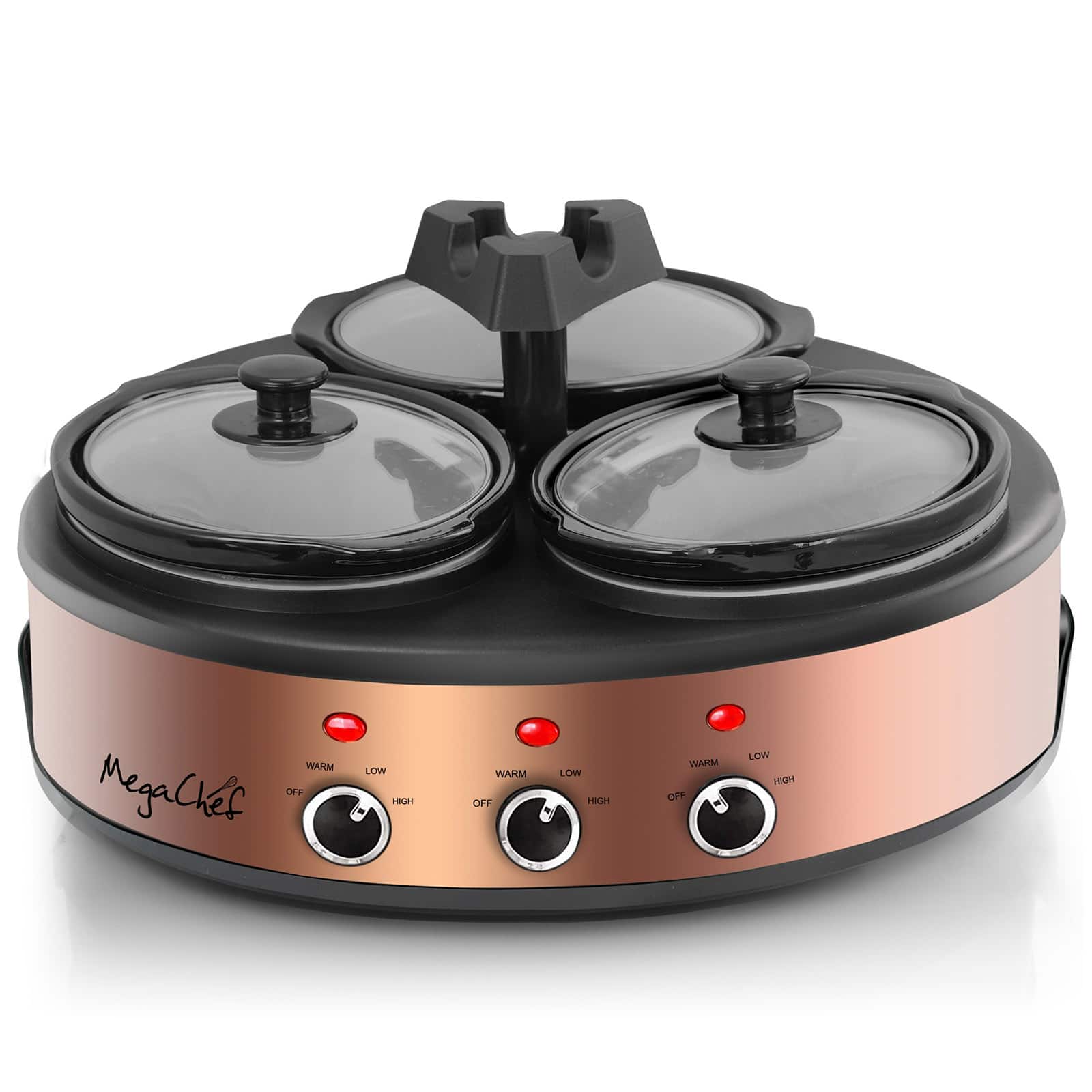MegaChef Brushed Copper & Black Round Triple 1.5qt. Slow Cooker & Buffet Server Finish With 3 Ceramic Cooking Pots & Removable Lid Rests