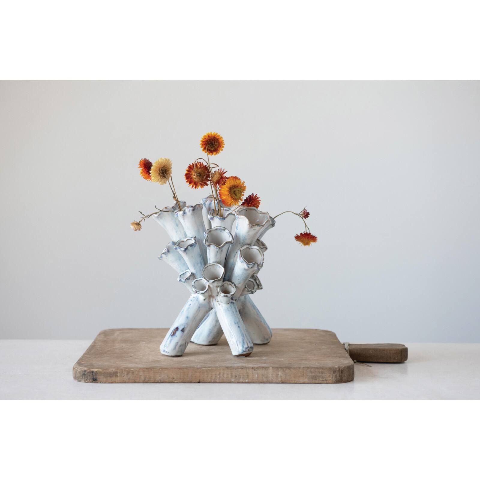 Hello Honey® 9.5" White Handmade Stoneware Sculpture Vase with Reactive Glaze Finish
