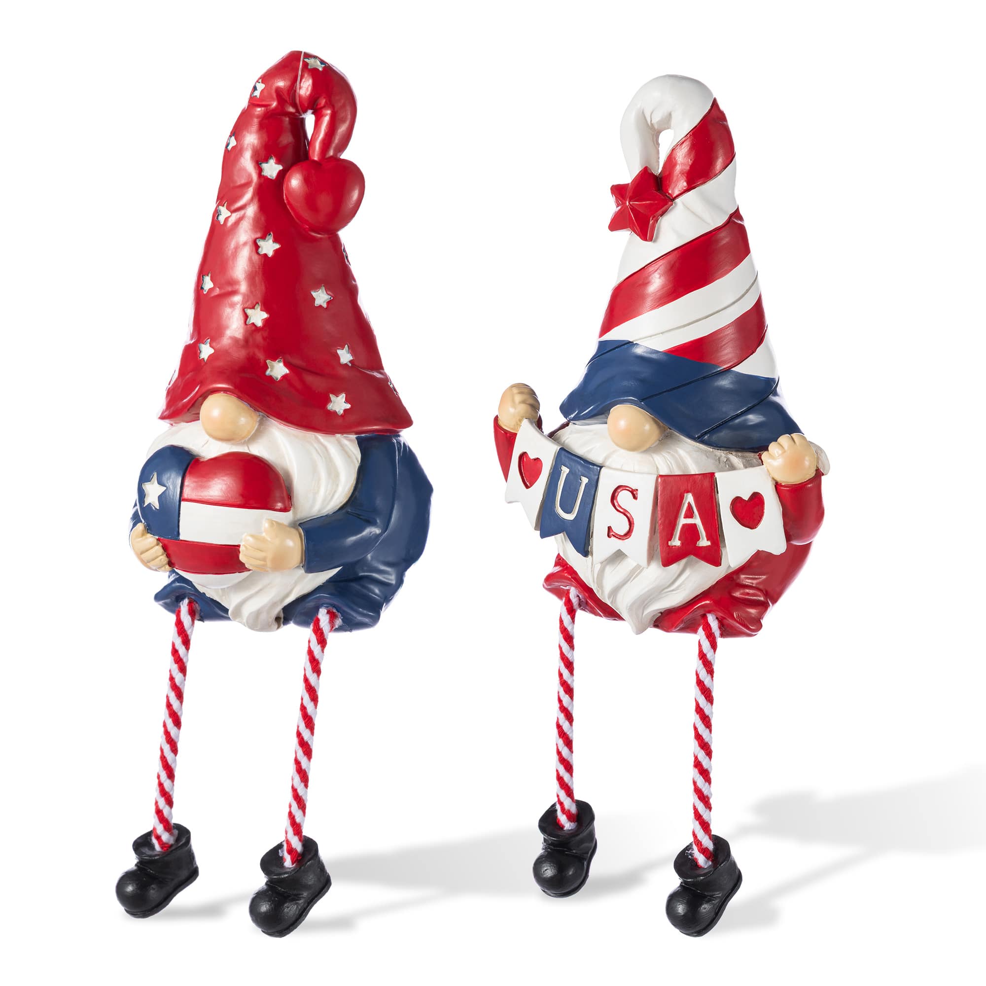 Glitzhome® Set of 2 Patriotic Americana Polyresin Gnomes with Dangling Legs Table Decor