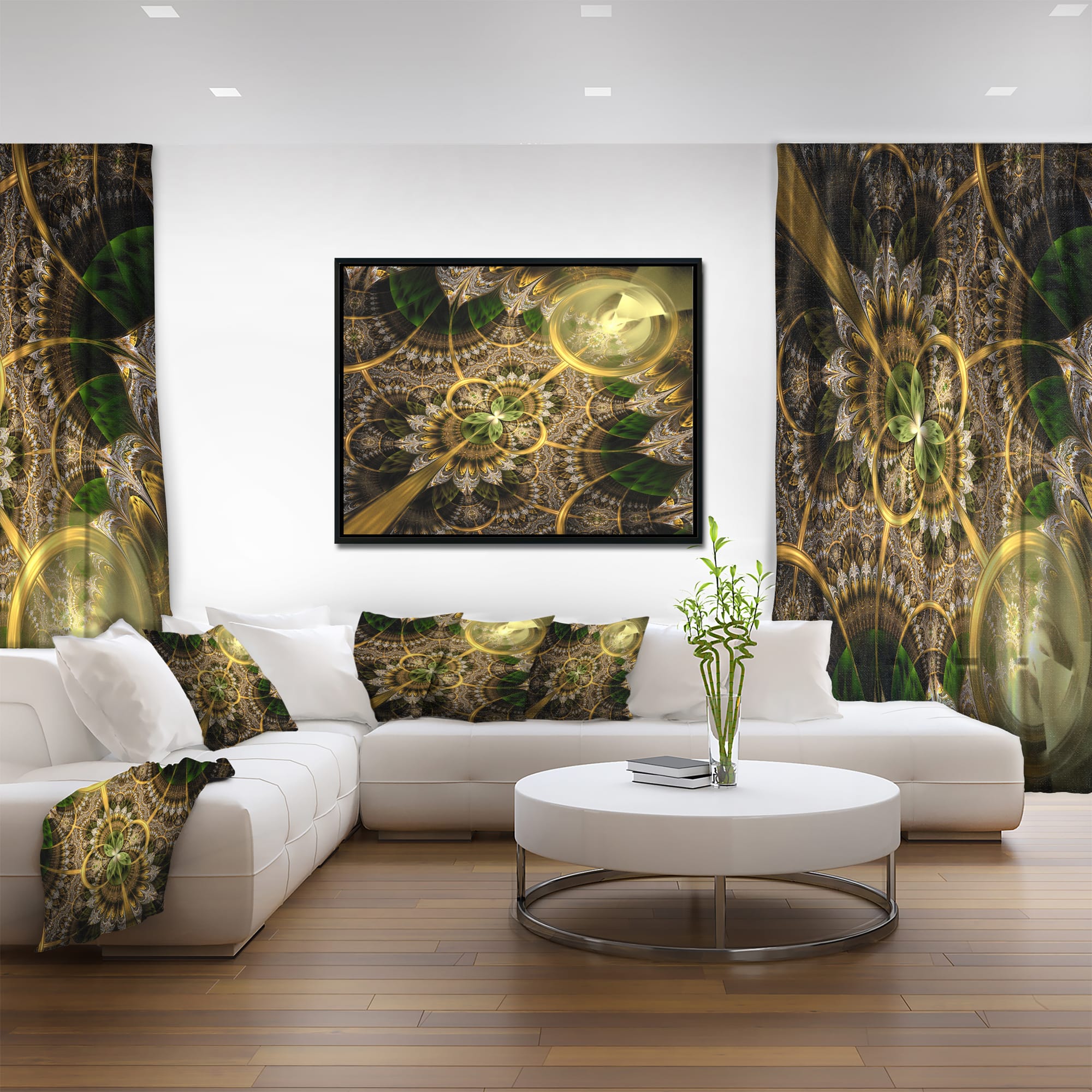 Designart - Dark Green and Gold Fractal Flower - Floral Canvas Art Print in Black Frame