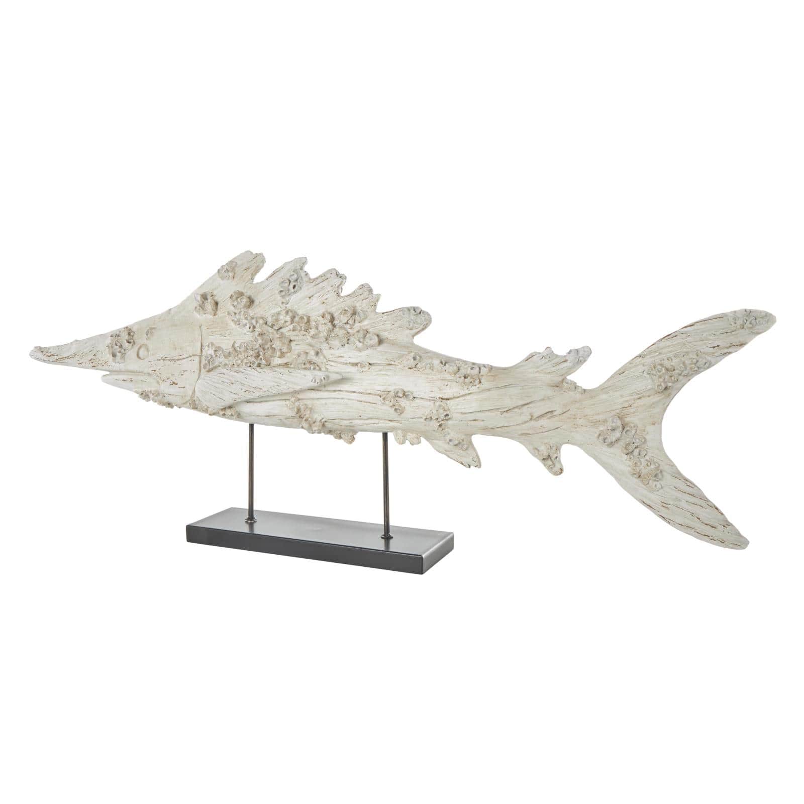 43.5" Cream Polystone Fish Textured Sculpture with Brown Distressing & Black Metal Stand