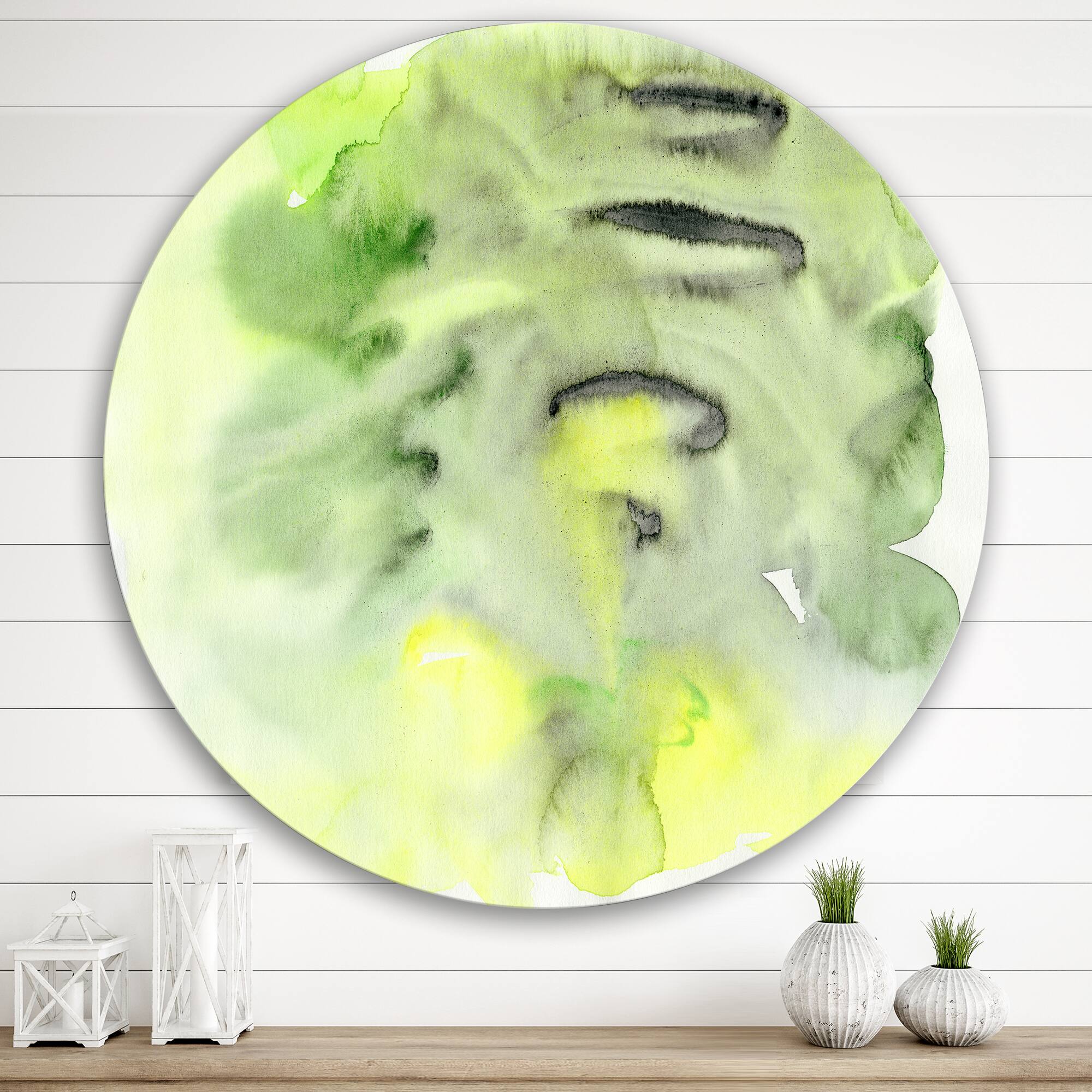 Designart - Abstract Pond of Green and Yellow - Modern Metal Circle Wall Art