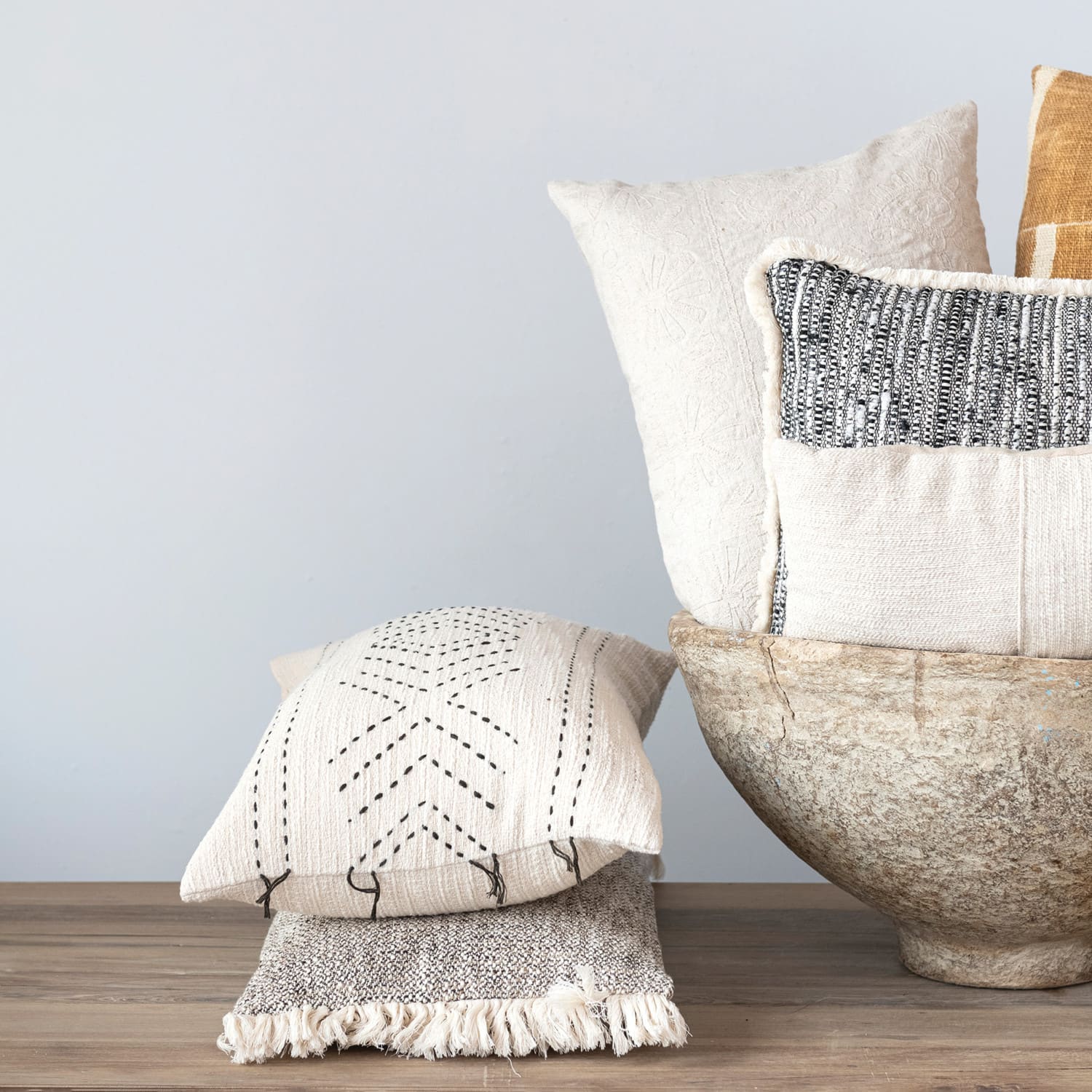 Hello Honey® Natural & Black Hand-Embroidered Cotton Lumbar Pillow with Kantha Stitch