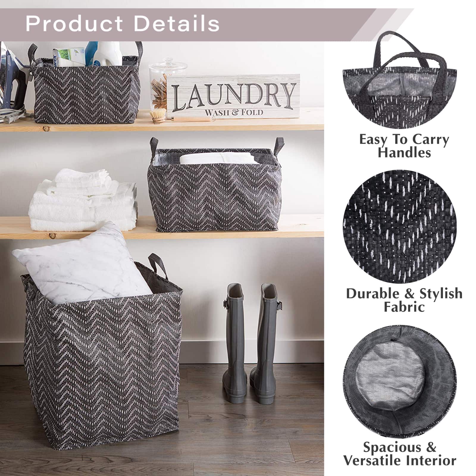 DII® Round Stone & Cream Tribal Chevron PE-Coated Woven Paper Laundry Bin Set