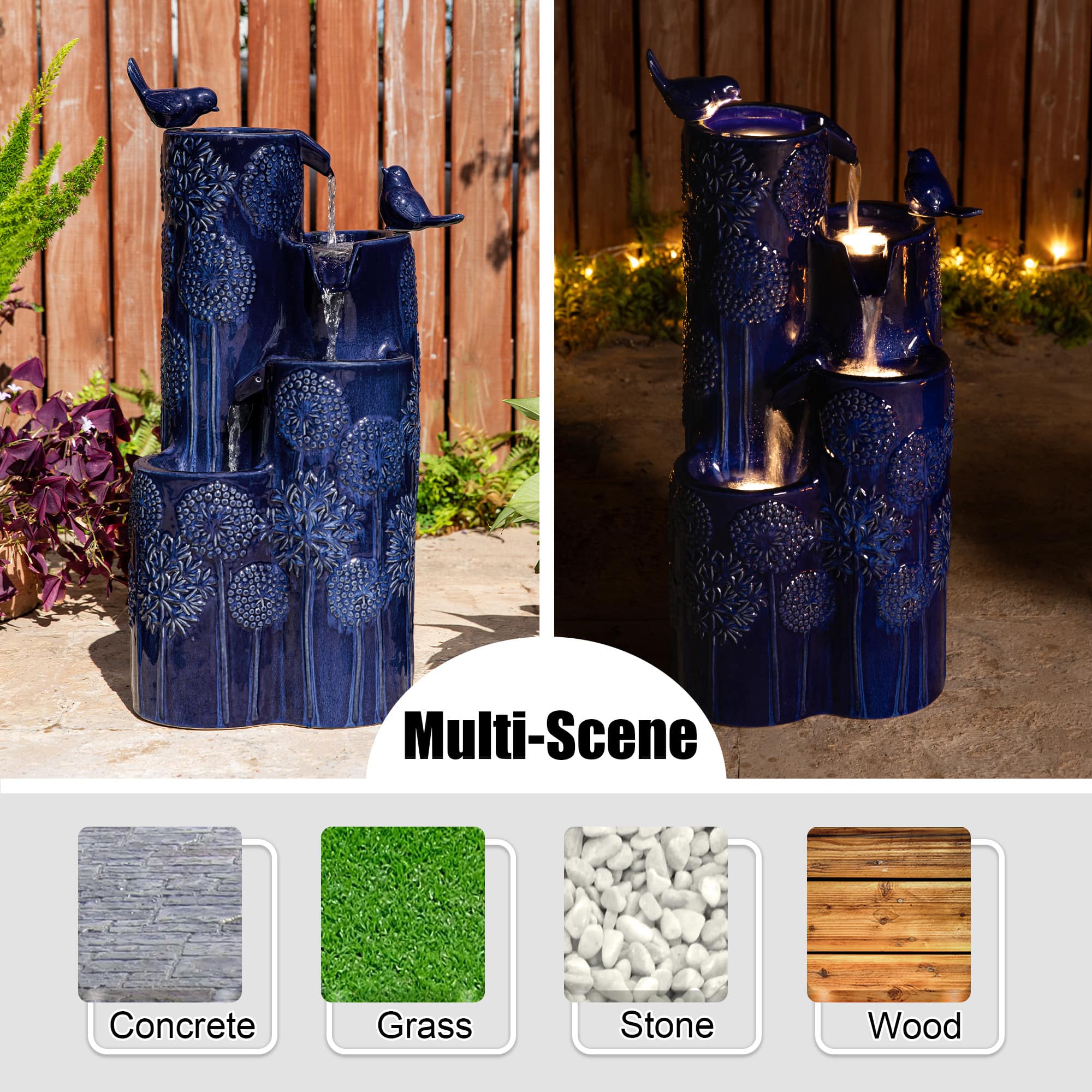 Glitzhome® 26.25" LED 4-Tier Dandelion Texture Vase-Shaped Outdoor Floor Fountain