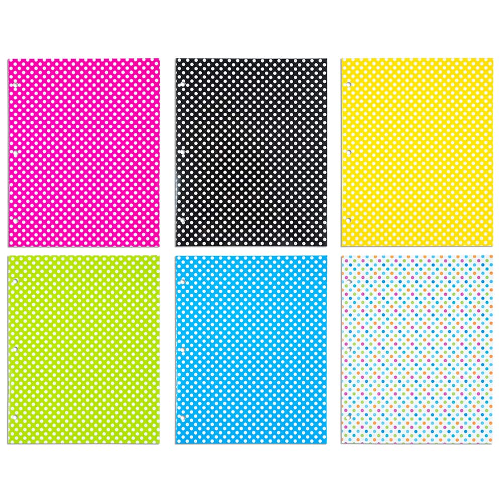 JAM Paper Polka Dots Glossy Laminated Two Pocket 3 Hole Punch School Folders, 6ct.