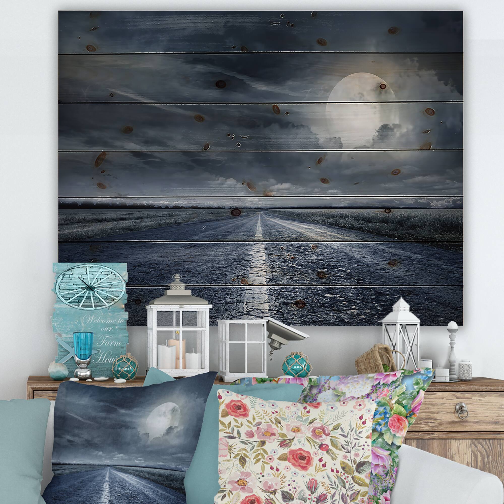 Designart - Asphalt Road Under Cloudy Full Moon II - Nautical & Coastal Print on Natural Pine Wood