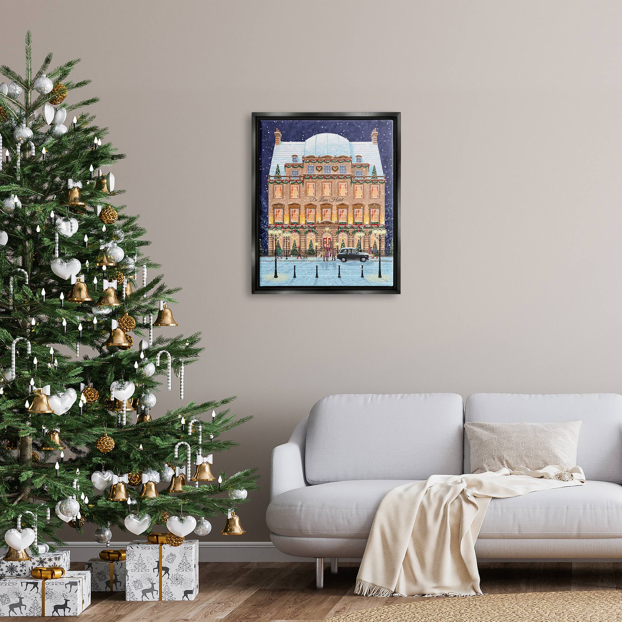 Stupell Industries Winter Hotel Christmas Festival Framed Floater Canvas Wall Art