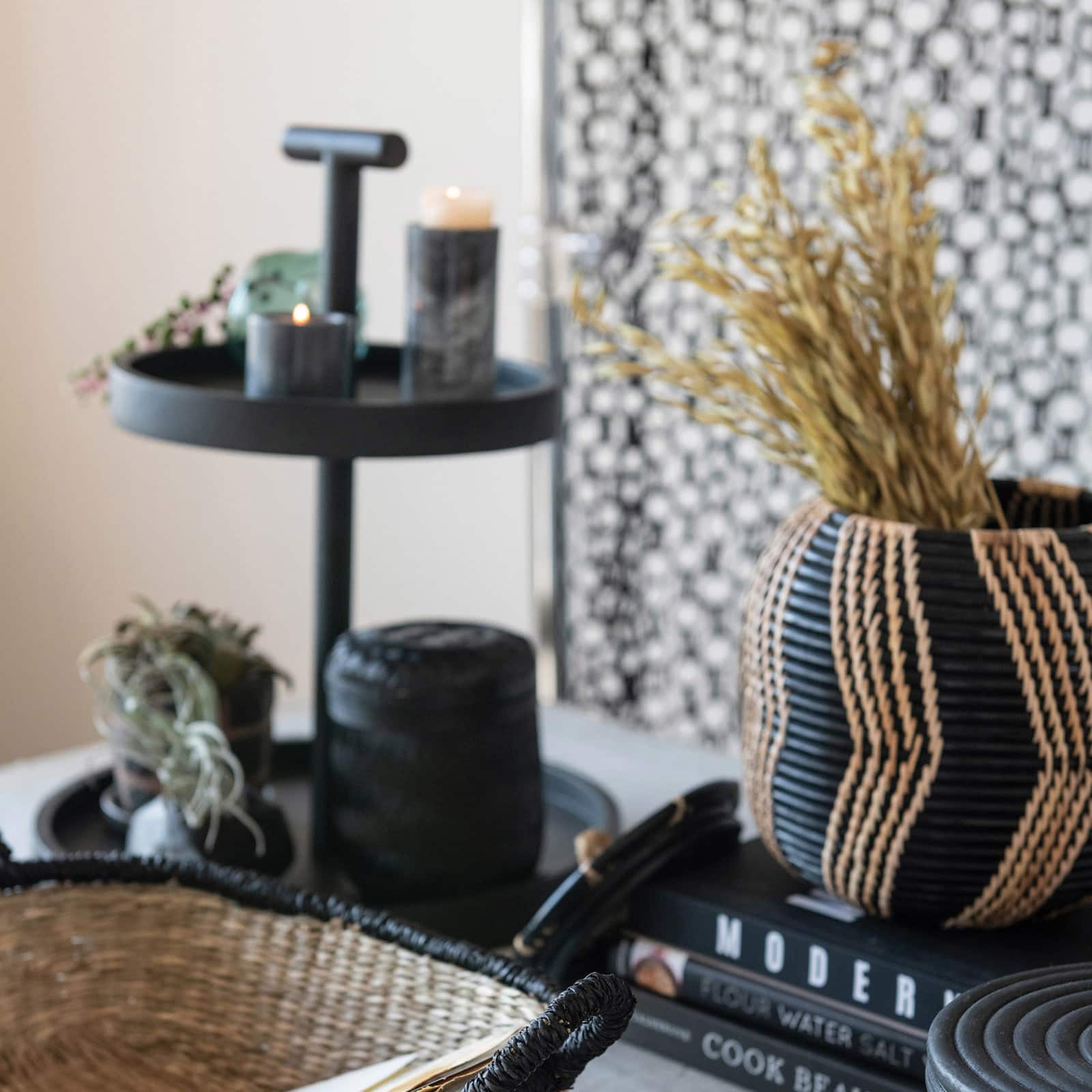 Hello Honey® 9" Black & Natural Handwoven Rattan Basket with Lid