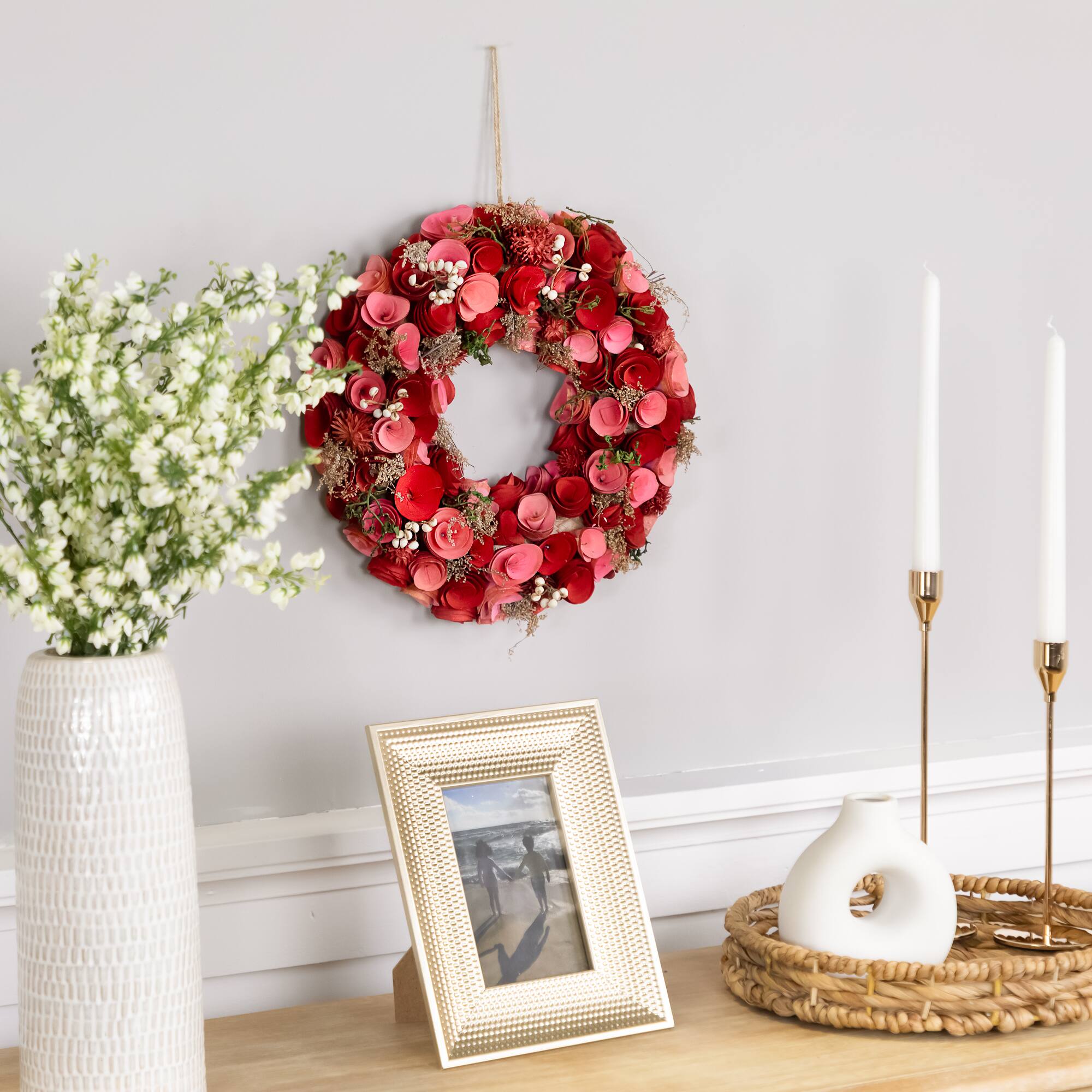 12" Pink & Red Flowers with White Berries & Twig Spring Wreath