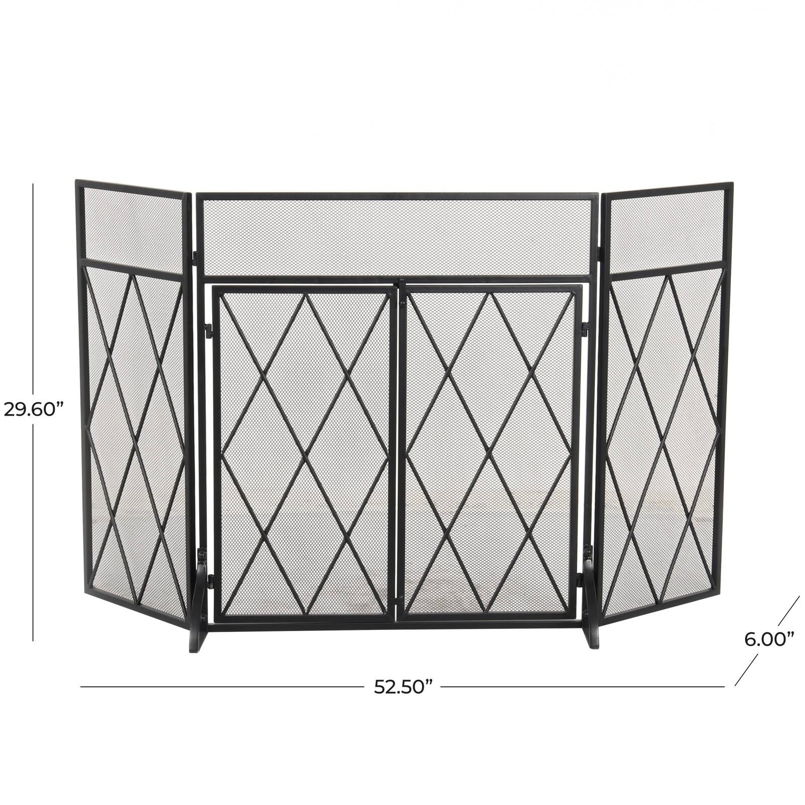 Black Metal Geometric Diamond 3-Panel 2 Door Fireplace Screen