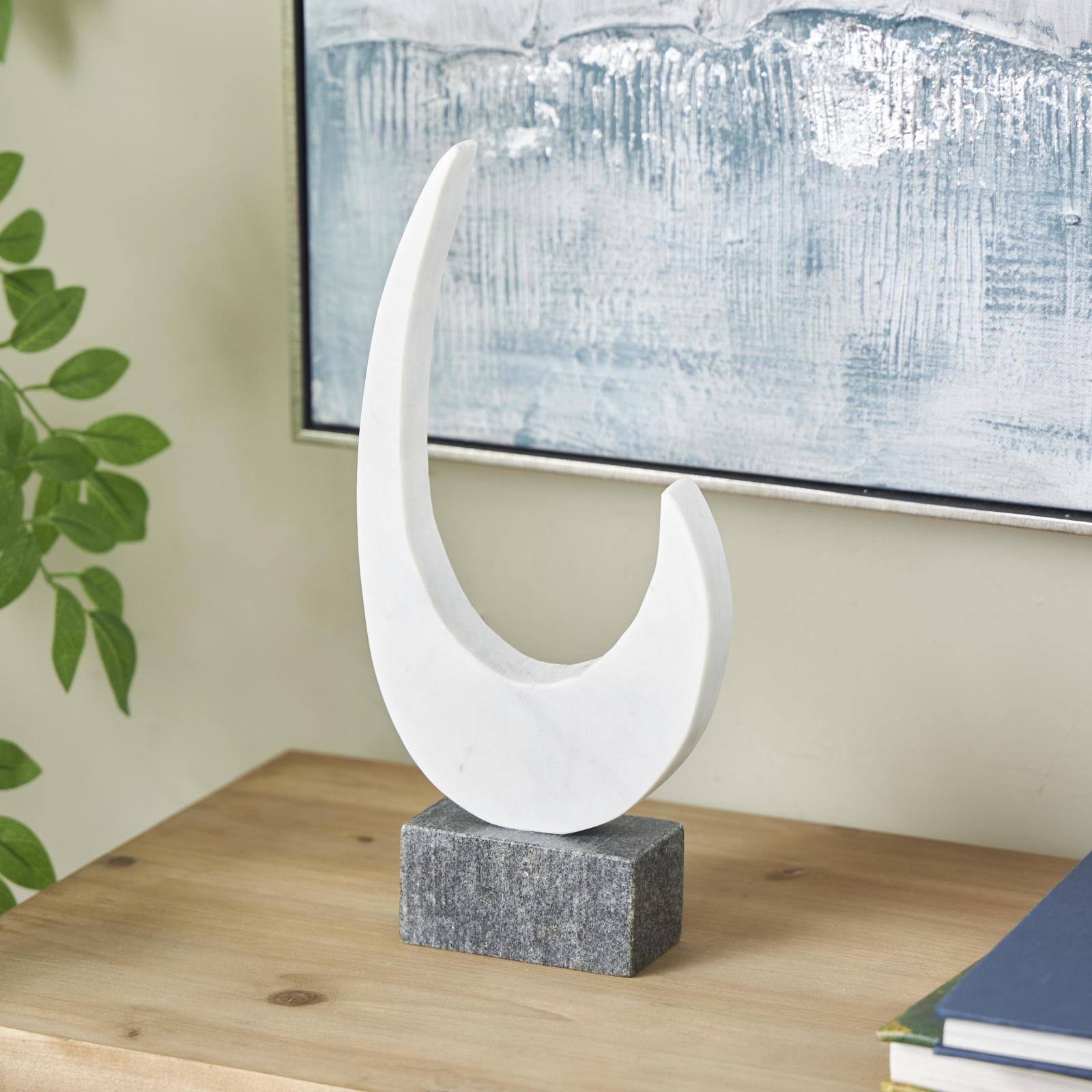 12.75" White with Black Block Base Marble Abstract Curved Sculpture