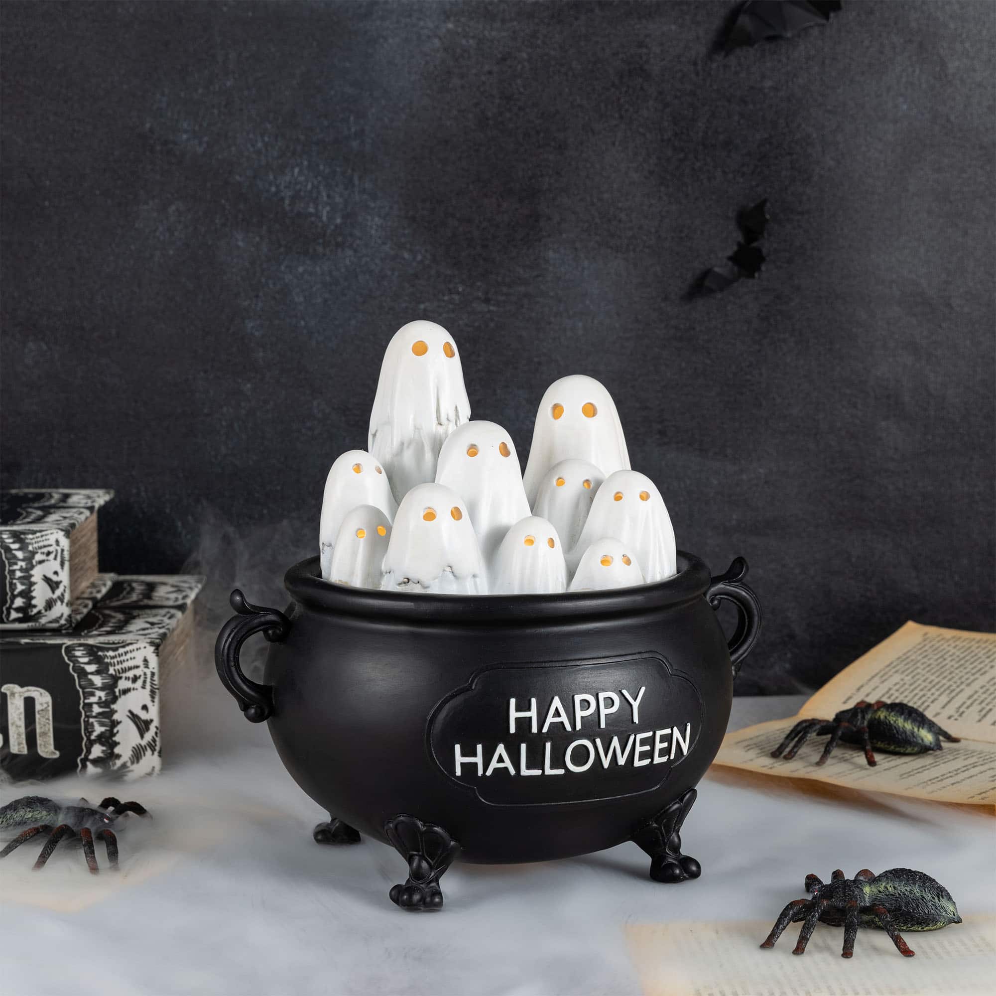 Glitzhome® 9" Halloween Lighted Polyresin Ghosts in Cauldron Table Decor with Timer