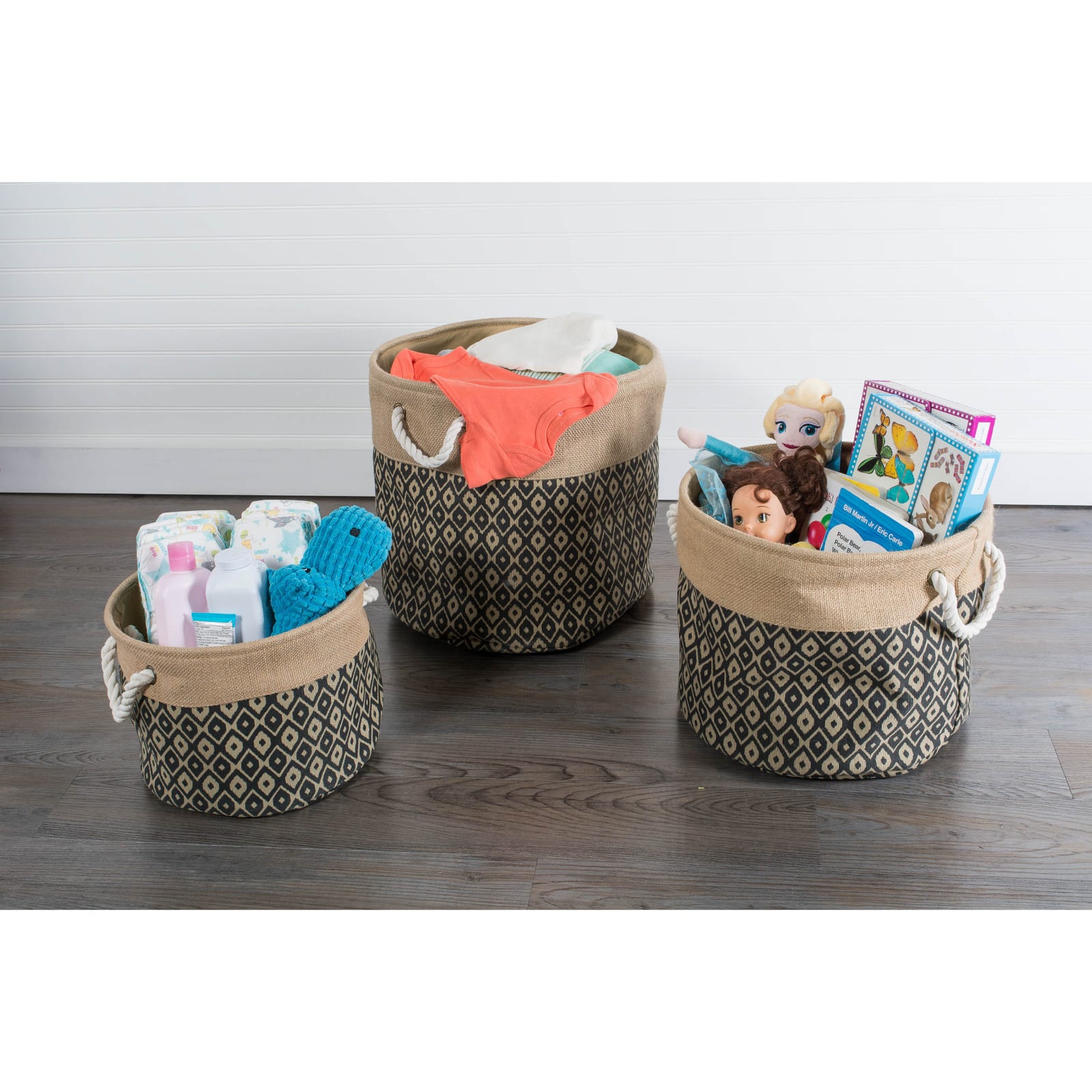 DII® 15" Black Ikat Round Burlap Bin