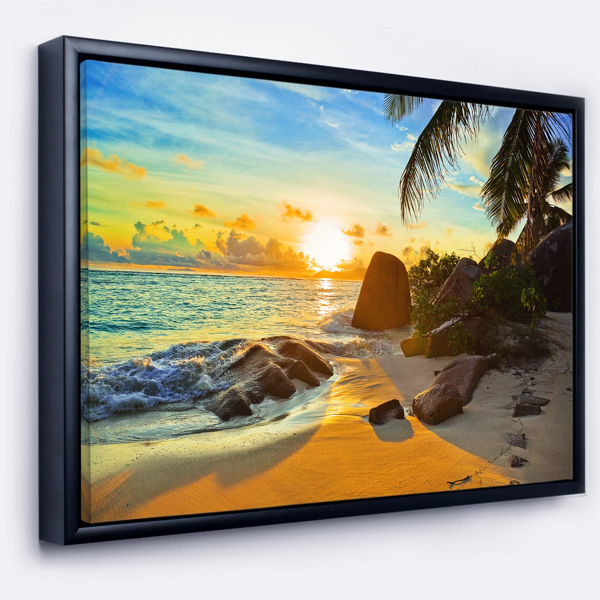 Designart - Sunset in Tropical Beach - Landscape Photography Canvas Print in Black Frame