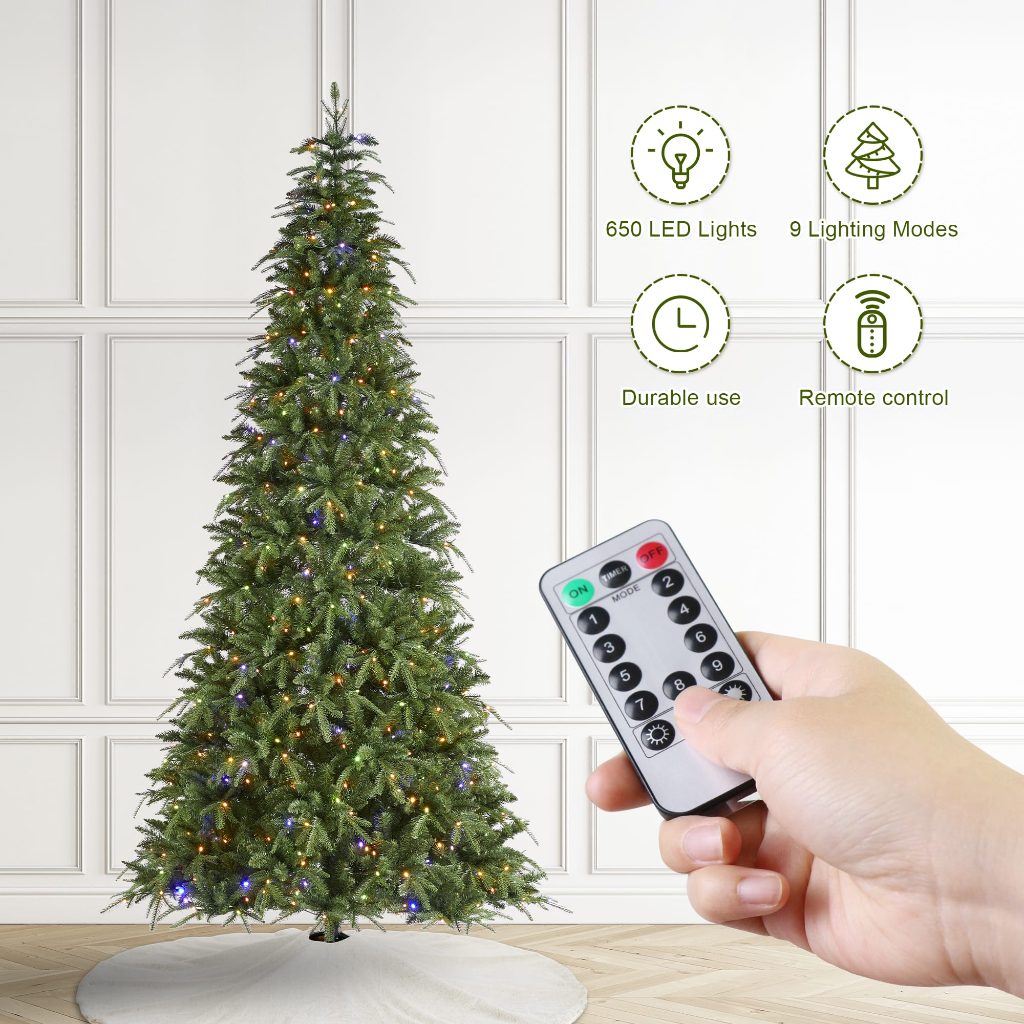 Glitzhome® 9ft Pre-Lit Green Slim Fir Artificial Christmas Tree, Multicolor LED Lights