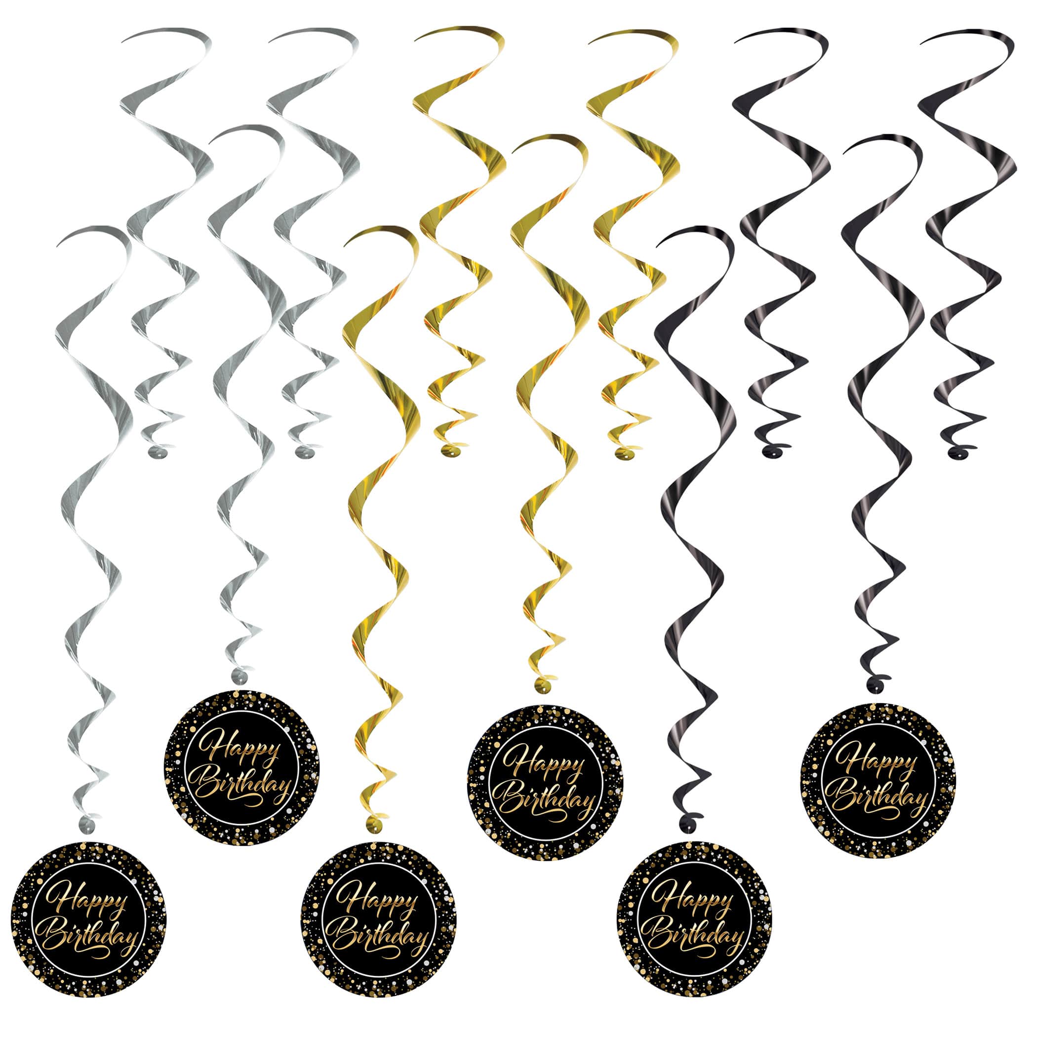 Beistle Black, Gold, & Silver Happy Birthday Whirls, 12ct.
