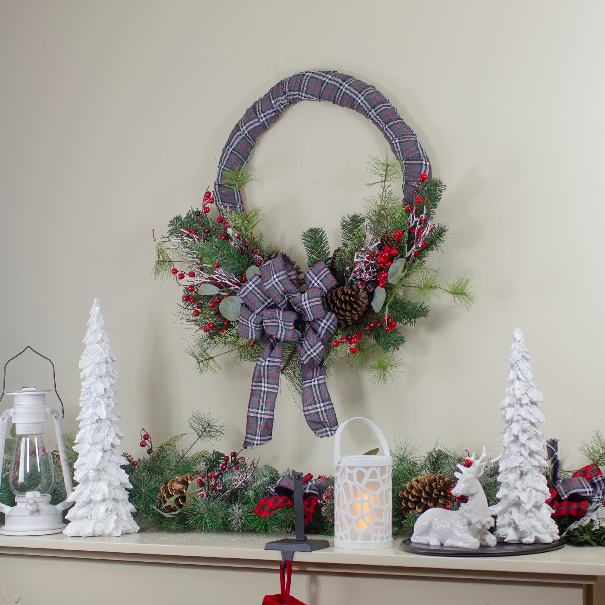 24" Unlit Gray & Red Plaid Artificial Christmas Wreath with Berries
