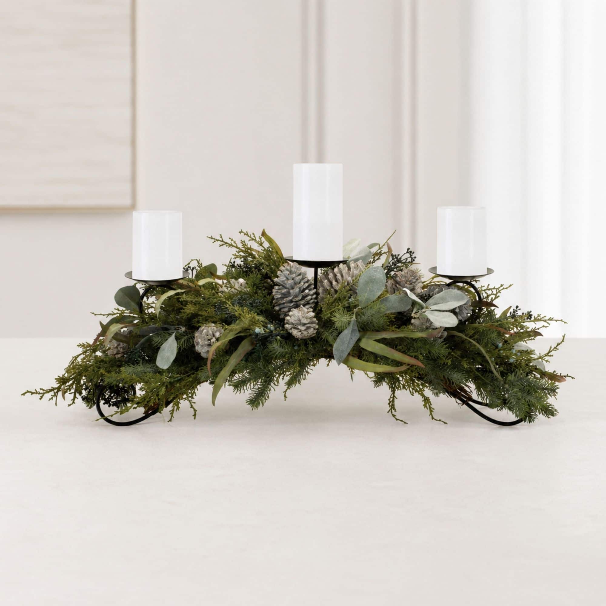 Melrose 32" Mixed Pine, Eucalyptus & Pinecones Candle Holder Centerpiece