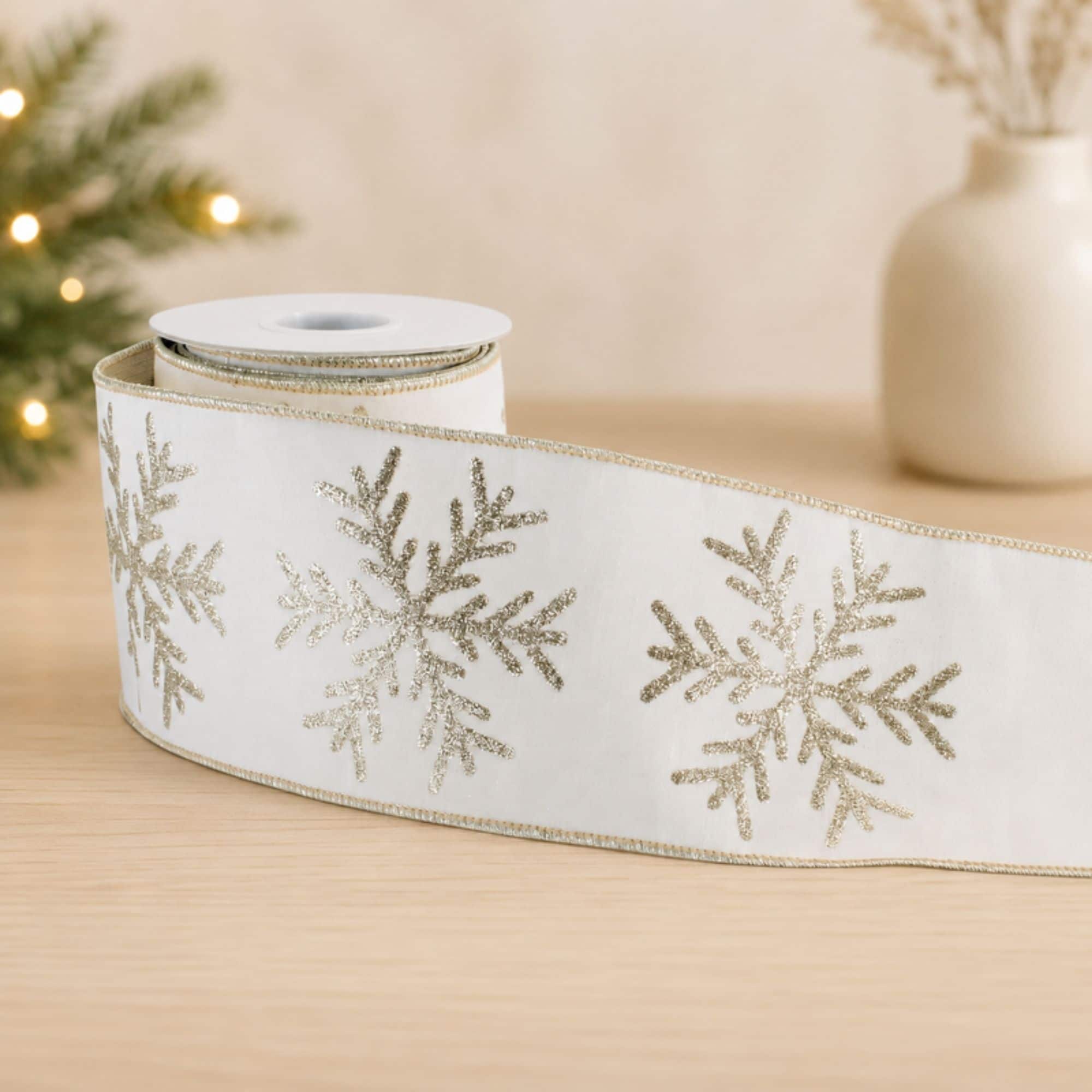 Melrose 4" x 5yd. White & Gold Snowflake Wired Ribbon