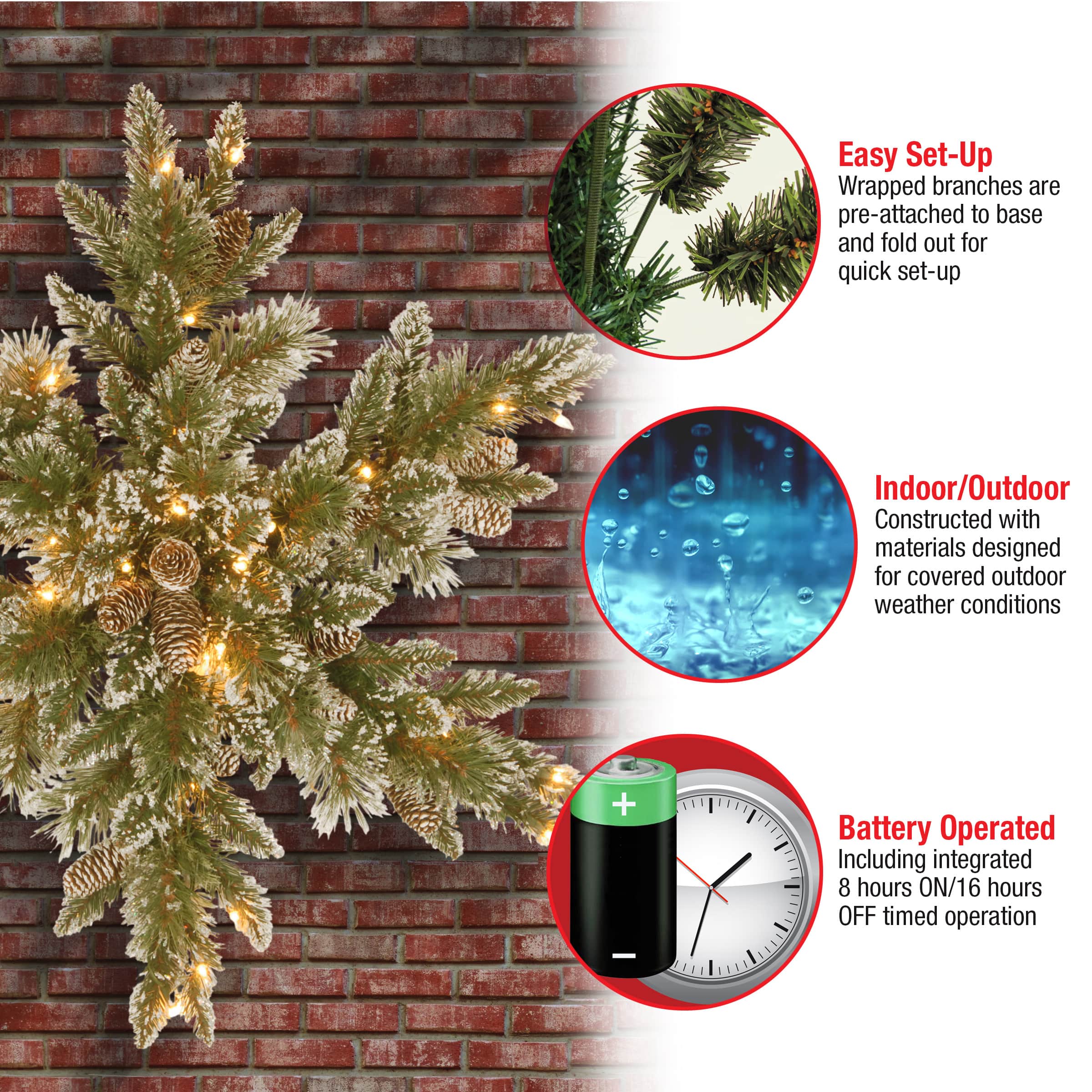 32" Glittery Bristle® Pine Snowflake with White Tipped Pine Cones & Warm White LED Lights