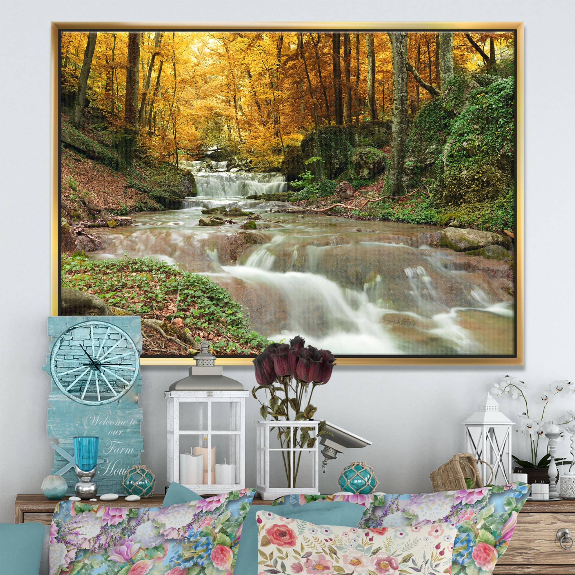 Designart - Forest Waterfall with Yellow Trees - Large Landscape Framed Canvas Art Print