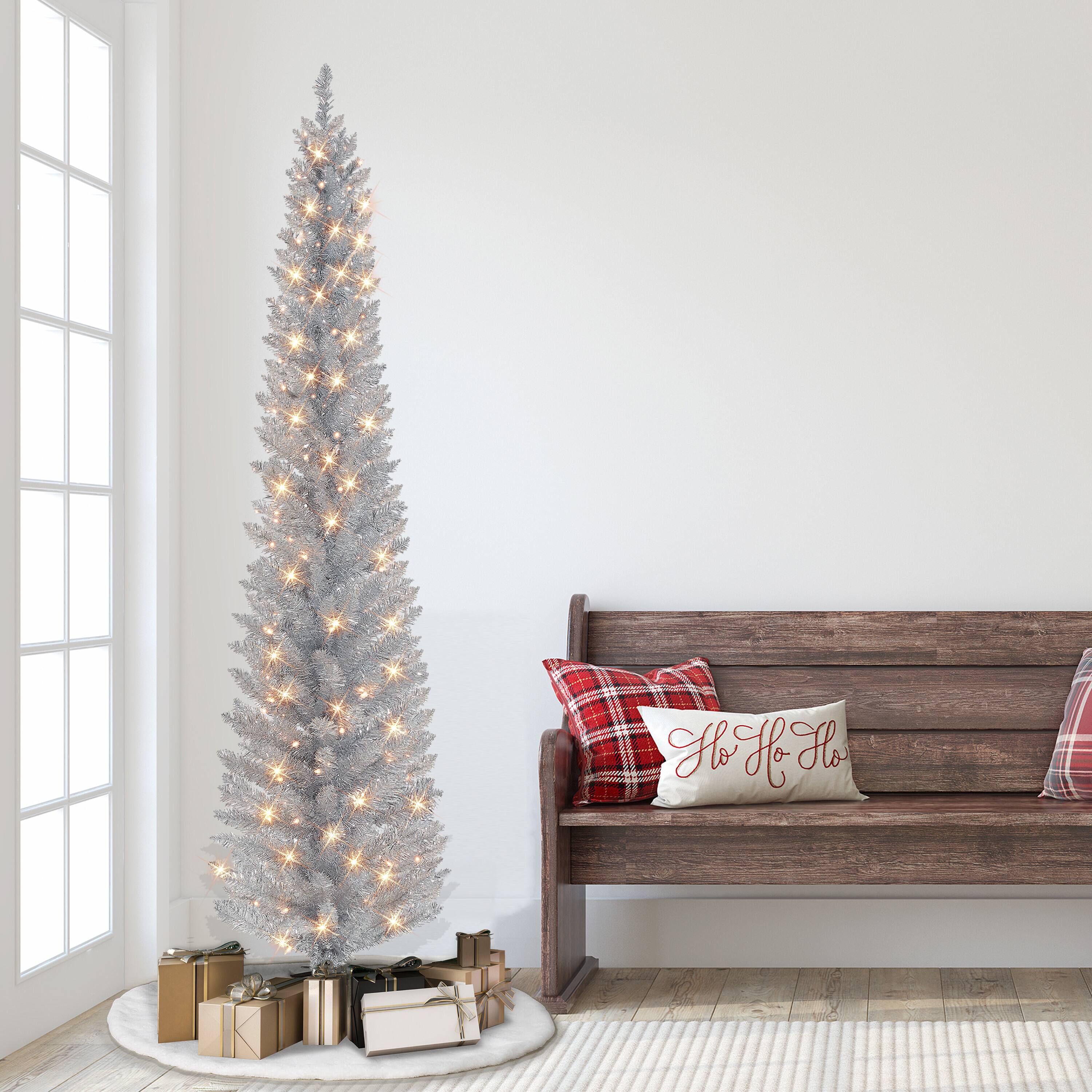 6ft. Pre-Lit Silver Tinsel Artificial Christmas Tree, Clear Lights