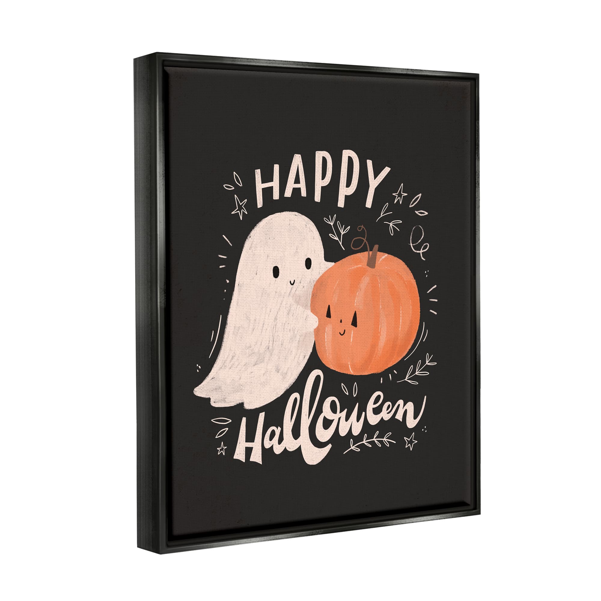 Stupell Industries Happy Halloween Smiling Ghost Pumpkin Framed Floater Canvas Wall Art