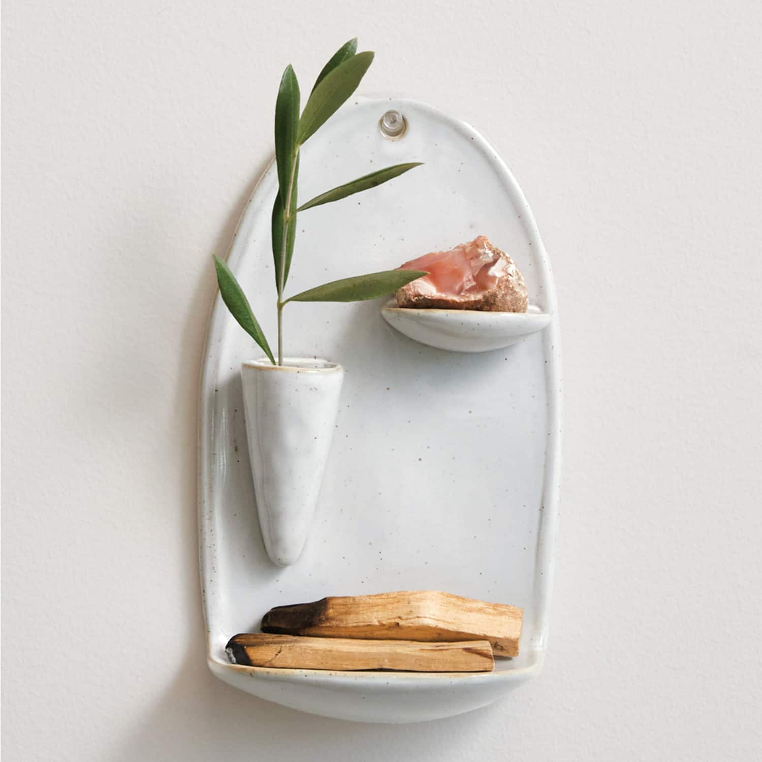 Hello Honey® 9" White Stoneware Wall Vase with 2 Shelves & Reactive Glaze