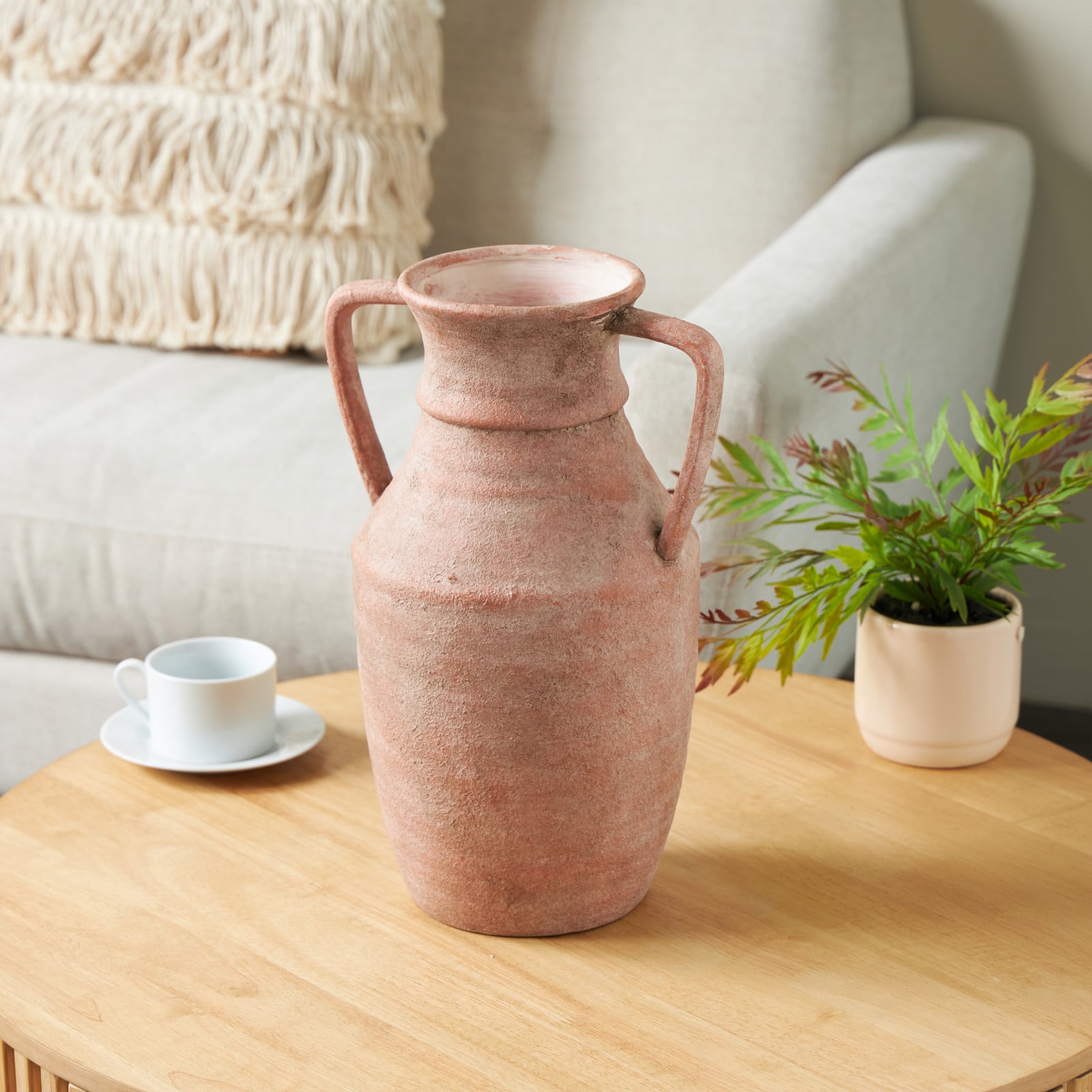 16" Pink Ceramic Antique Style Decorative Vase with Handles