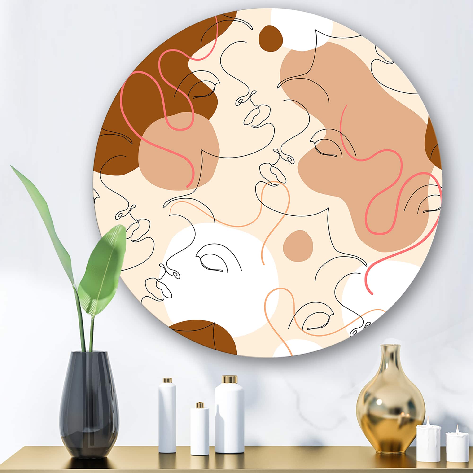 Designart - One Line Drawing Of Beautiful Woman - Modern Metal Circle Wall Art